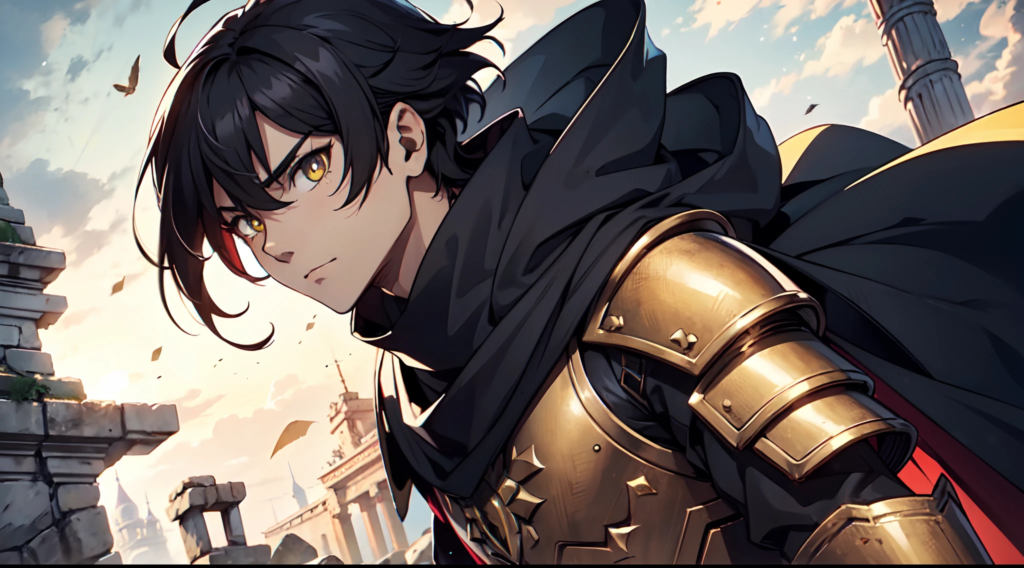 1 Boy, Xin From Kingdom Anime, Armored With Pure Black Warlord Armor With A Cape, Ultra High Definition, 8k, Handsome, Black And Yellow Pupil Eyes, Long White Hair, Ancient Kingdom Background