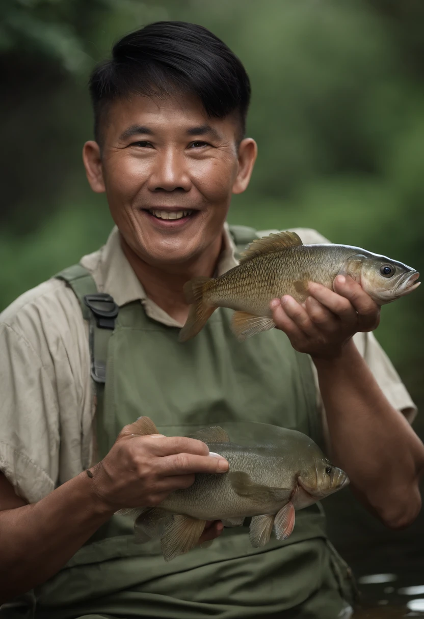 Big-eyed Chinese man in green jacket holding a fish,His shape is simple，The hair is a bit messy，The figure is relatively strong，Hehehe，Proudly holding a large freshwater crucian carp, Holding a large freshwater crucian carp in his hand，Confidently showing his white teeth and smiling to the camera，The background is next to a fish pond in the Chaoshan region of China