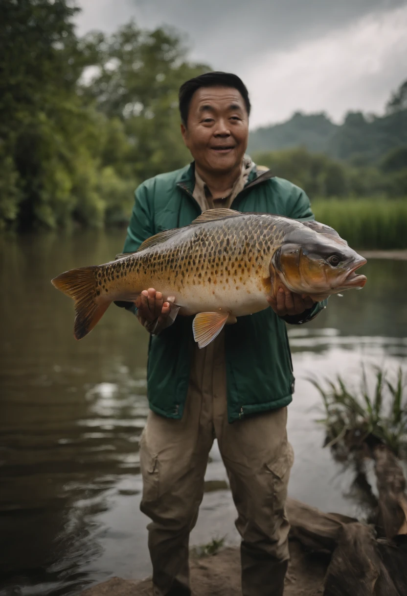 Big-eyed Chinese man in green jacket holding a fish,His shape is simple,The hair is a bit messy,The figure is relatively strong,Hehehe,Proudly holding a large freshwater crucian carp, Holding a large freshwater crucian carp in his hand,Confidently showing his white teeth and smiling to the camera,The background is next to a fish pond in the Chaoshan region of China