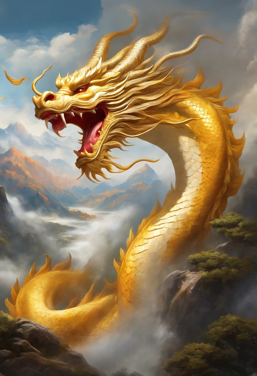 A giant dragon appears from the sea of clouds、The dragon is1body、The dragon is大空へ向かって駆け上がる、Looking up at the sky、Carrying great happiness、Huge gold and red body、Highly complete、High detail、high resolution、High color rendering、High resolution、Surreal、real、grow