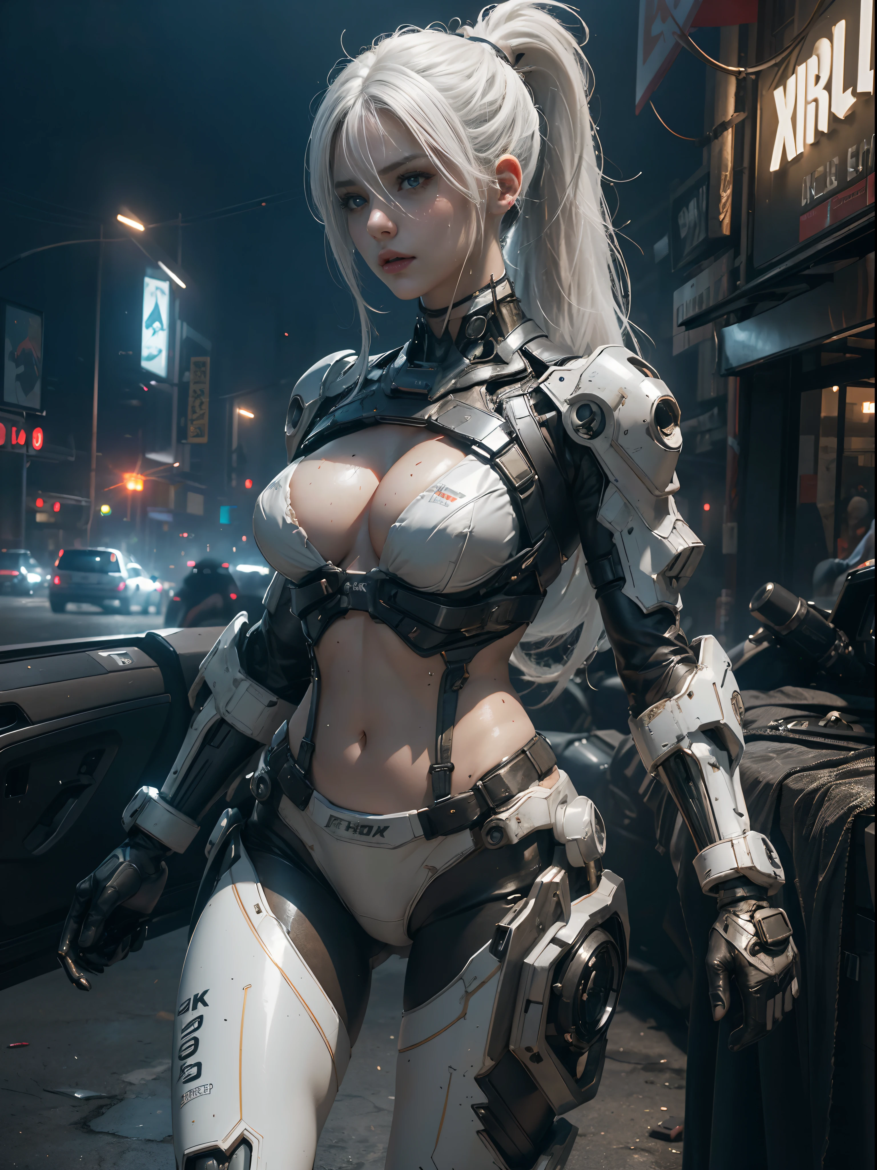 (8K, best quality, high-resolution:1.35),(Raw photo:1.2), (Photorealsitic:1.37), (masterpiece: 1.25), (Sweatiness:1.2), Dramatic Lighting, photon mapping, radiosity, ((1 girl)), Full body, large breast, ((white hair)), ponytail, Exposed cleavage, ((showing stomach)), beautiful detailed girl, extremely detailed eyes and face, light makeup, clear facial features, (realistic bikini), girl in lingerie exosuit, exoskeleton, cyberware, cyberpunk, futuristic, night city, post apocalyptic city, ((night), lifelike, badass girl, attractive girl