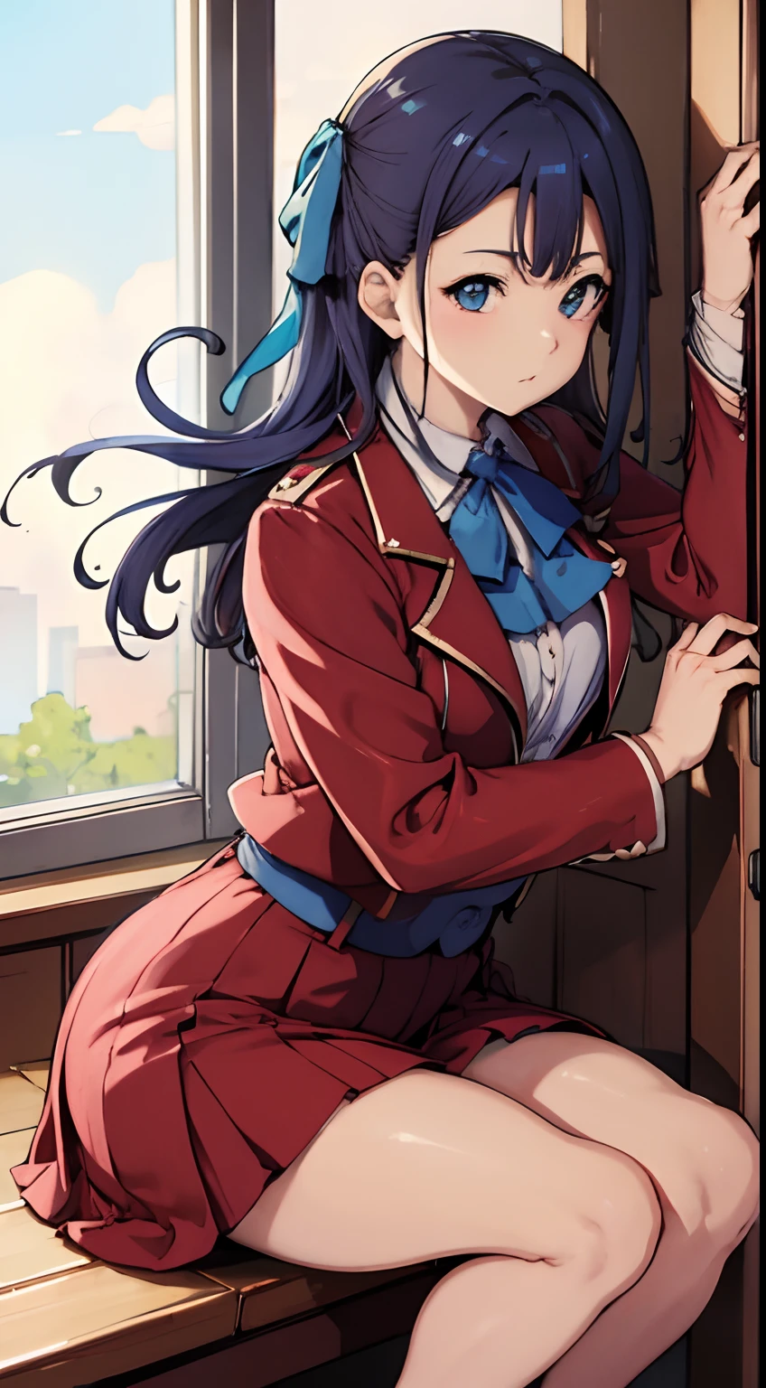 (Masterpiece: 1.1), (Best Quality, Ultra Resolution: 1.0), (8K Resolution: 1.2), (Photorealistic, Ultra Detail, Clear Focus 1:0), (Original Photo, Lighting: 1:1), BREAK detailed reflecting eyes by professional digital painting, beautiful pretty cute small face, (1girl:1.3), BREAK 17 age, school uniform, (blue bowtie, blue sash:1.3), BREAK (red bolero jacket, red skirt:1.1), BREAK White blouses, long sleeves,