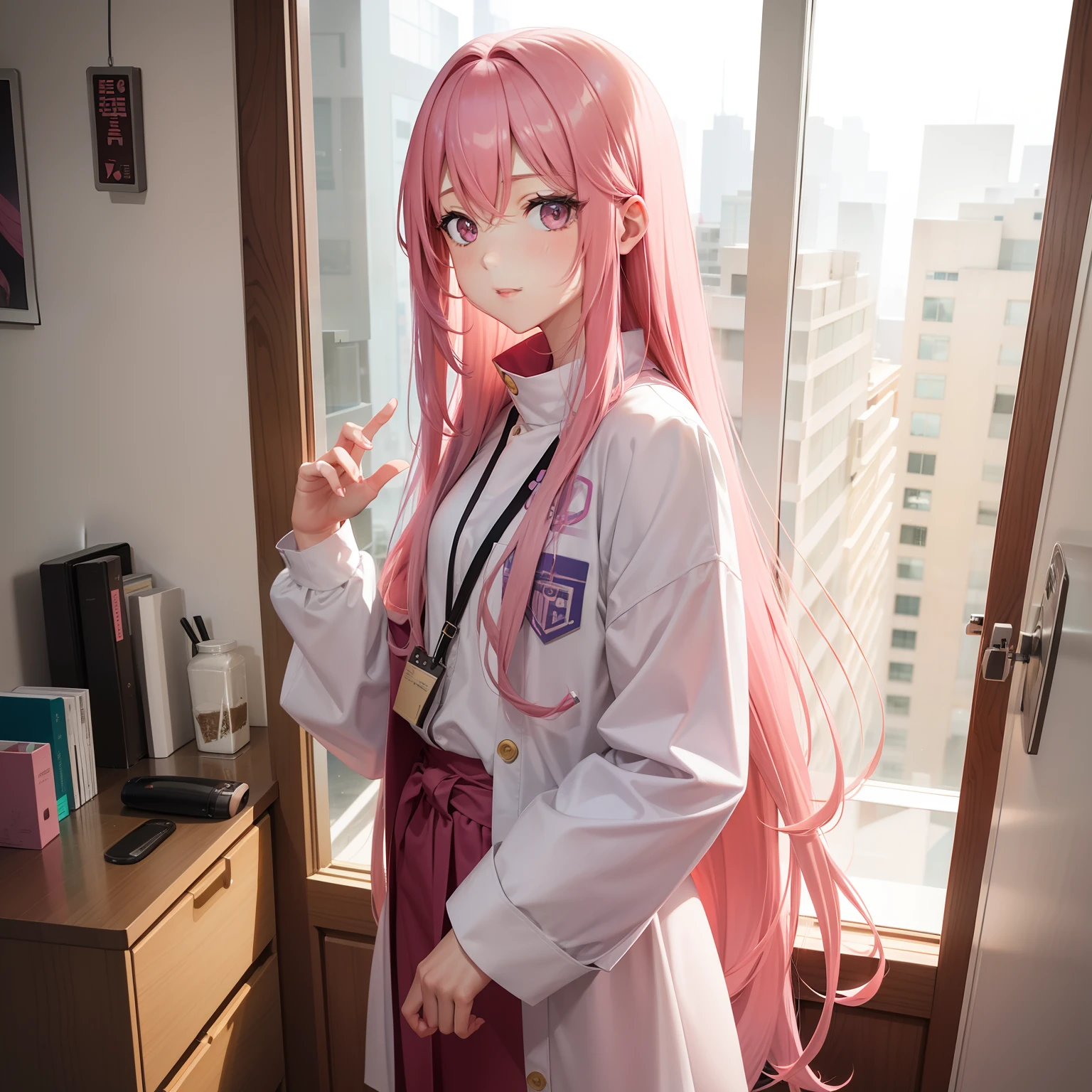OL、 Long pink hair, Solo, Office, Looking at Viewer, Front view,