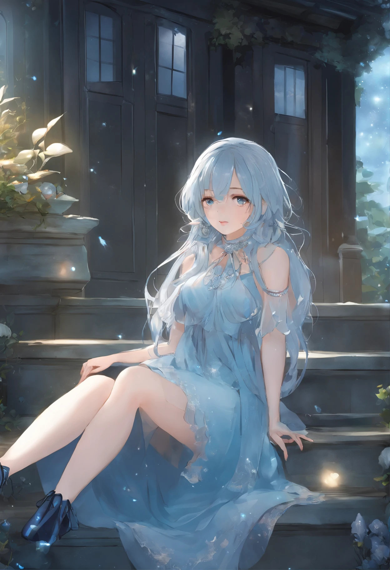 Anime moe style，Cool colors，Under the sea starry sky，Light blue medium long hair，Heteropupil，high qulity，Sit on a stone and cross your legs，Gray-blue dress，Colorful fish surround the neighborhood，white Heels