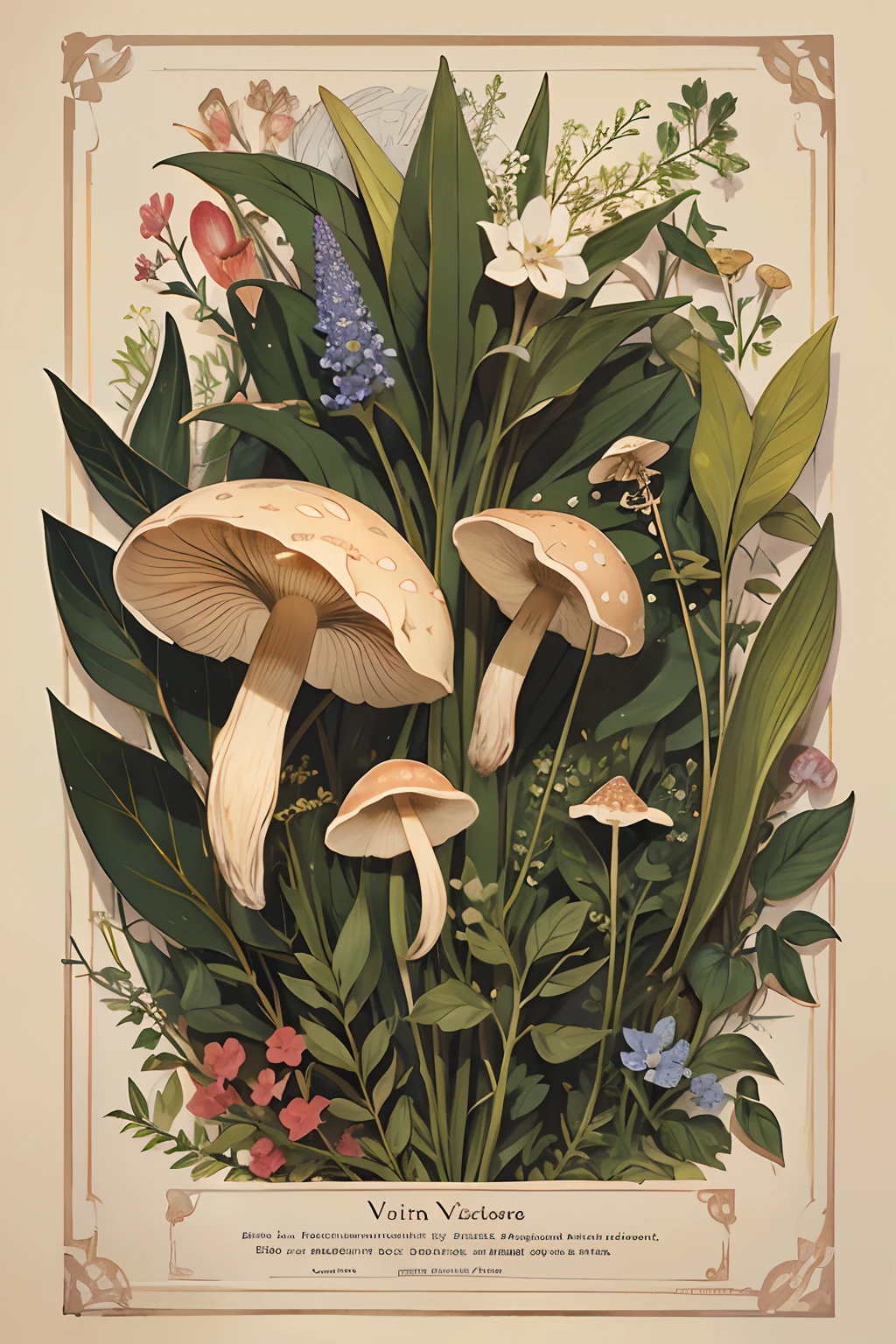 Vintage Victorian style　Precise botanical encyclopedia (best quality:1.2), (detailed:1.2), (masterpiece:1.2), vintage botanical illustrations of mushrooms