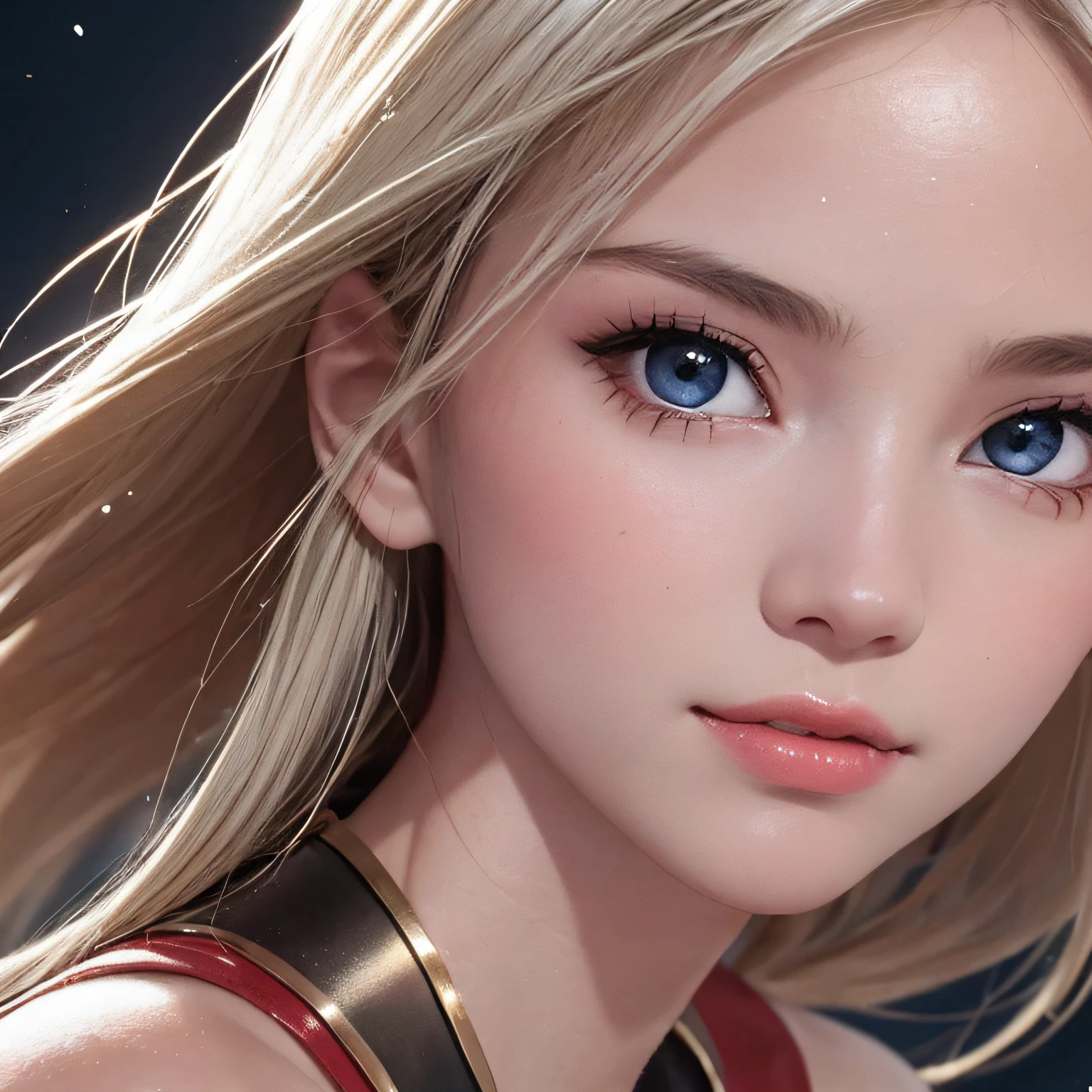 (8K, RAW Photos, of the highest quality, Masterpieces: 1.2), (Realistic, Photorealistic: 1.37), Highest Quality, Ultra High Resolution, light leaks, Dynamic lighting, Slim and smooth skin, (Full body:1.3), (Soft Saturation: 1.6), (Fair skin: 1.2), (Glossy skin: 1.1), Oiled skin, 22 years old, Night, shiny white blonde, Well-formed, Hair fluttering in the wind, Close-up shot of face only, Physically Based Rendering, From multiple angles, A big smile, super girl、miniture, Red Eye Mask, (Open your eyes:1.4)