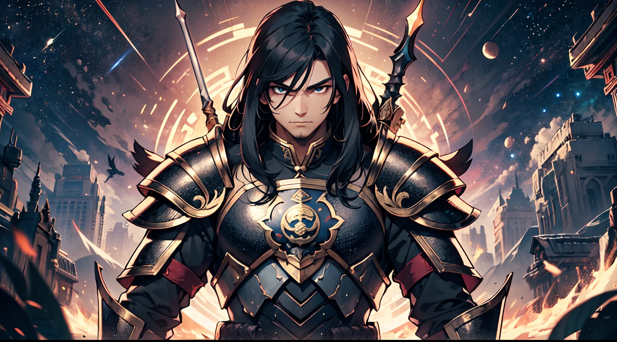 1 Boy, Chinese Emperor, Armored With Pure Black Armor, Holding Dual Spear, Handsome, Long Black Hair, Galactic Pupil Eyes, 8k, Ultra High Definition,