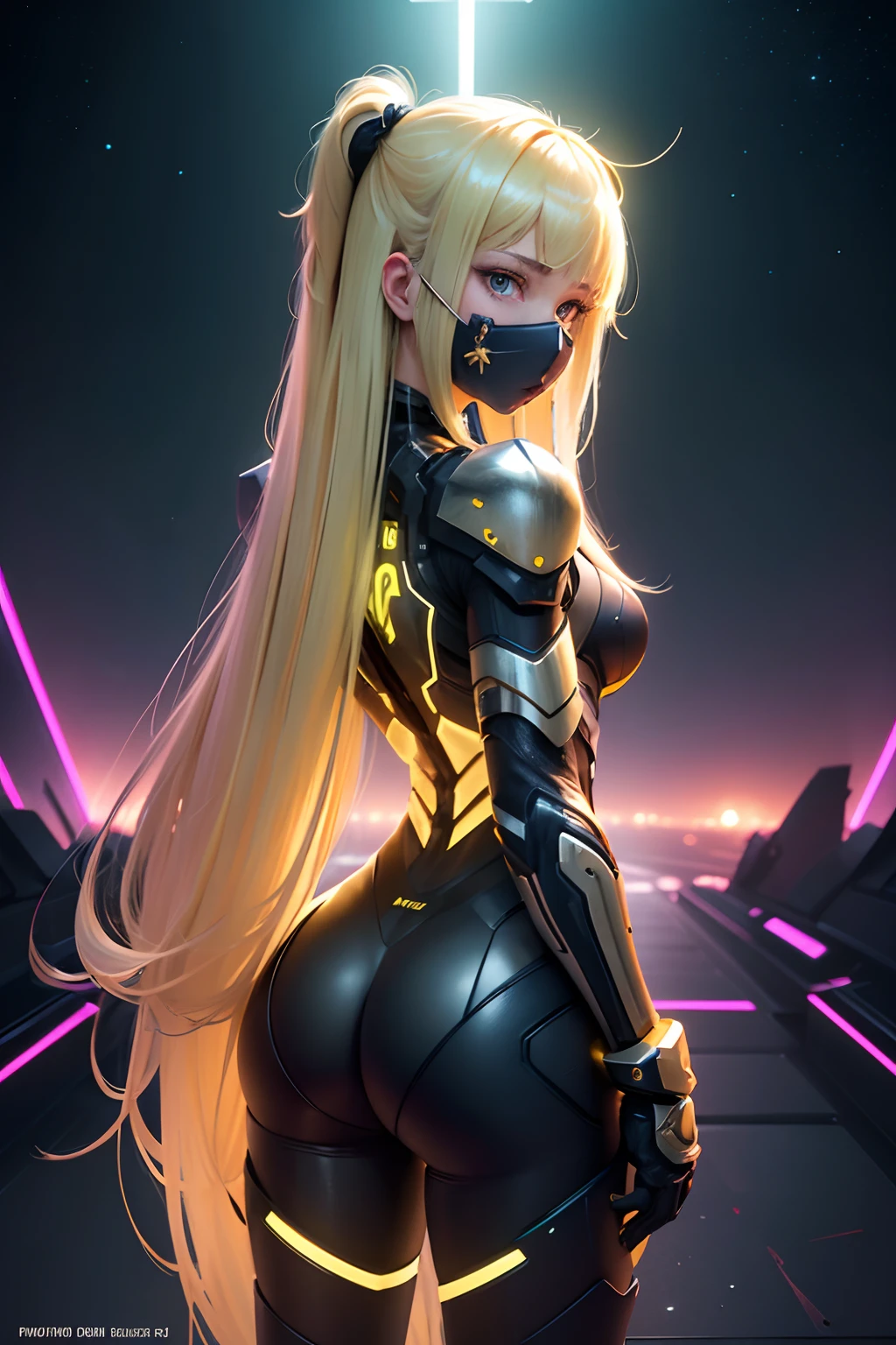 1girl, blonde hair, long hair, straight hair, yellow eyes, bangs, cyber armor, skin tight, neon trim, face mask, from above, from behind, turning head, looking at viewer, looking back, night sky, neon lights, Mysterious