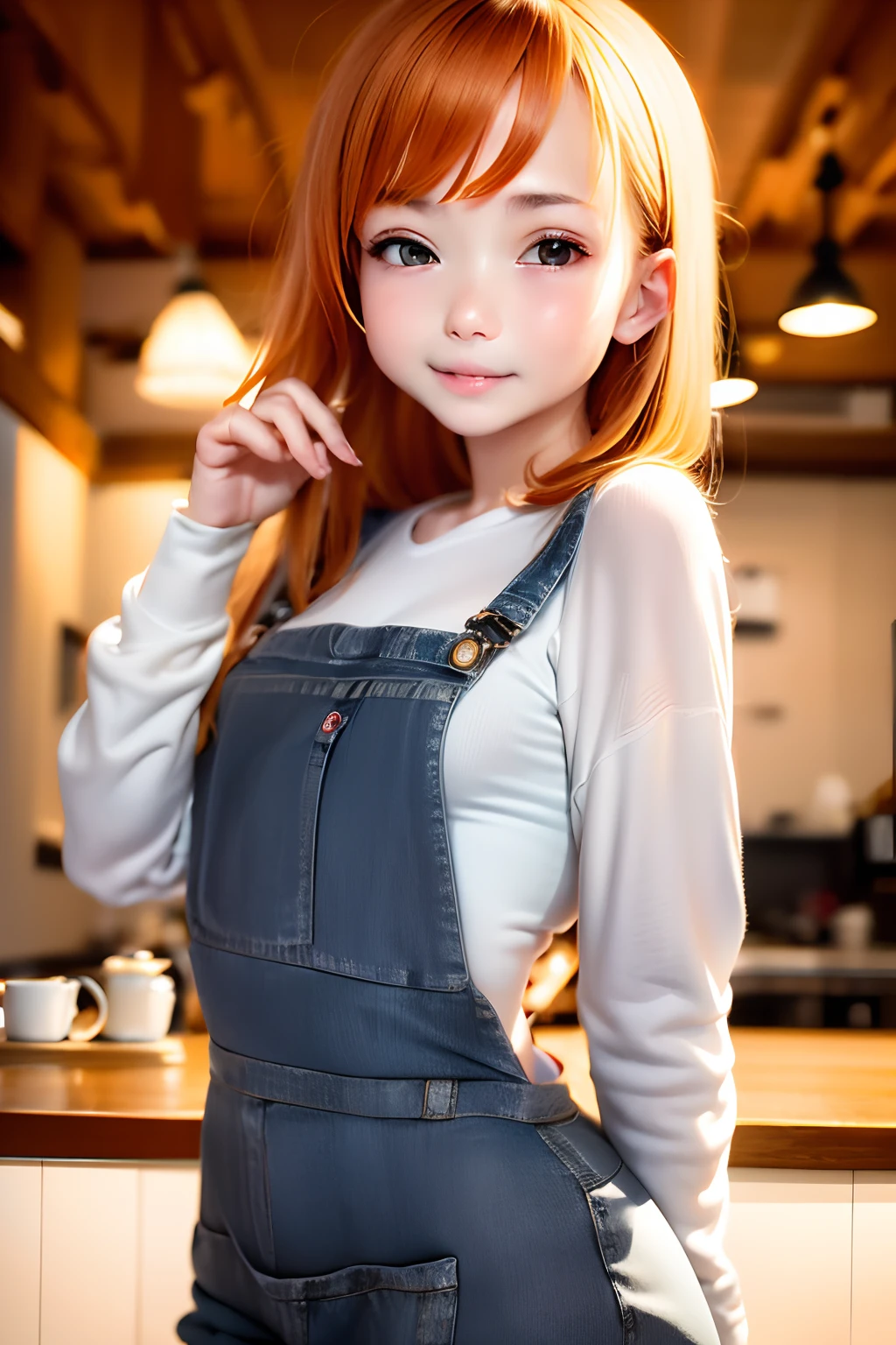 (masutepiece), Best Quality, Ultra-detailed,girl with,White Business Shirt、Dark blue apron、Cute overalls、store clerk、bionde、small nose、Serving coffee to the audience、((blurry backround:1.5))、Quaint coffee shop、In the dimly lit chamber、Warm lighting