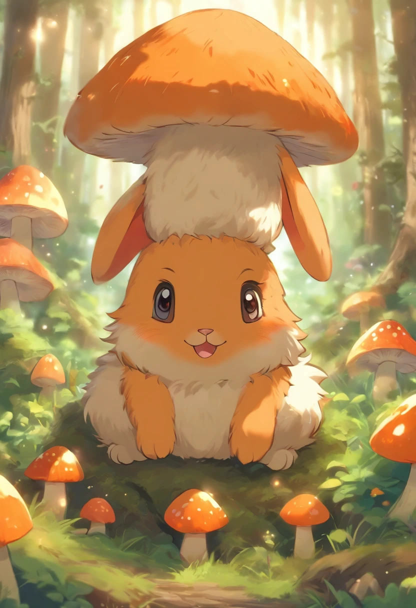 adorable creature，Similar to a mixture of rabbit and carrot, Adorable, Cute, Furry, Fluffy, forest, Mushrooms, Wear a mushroom hat