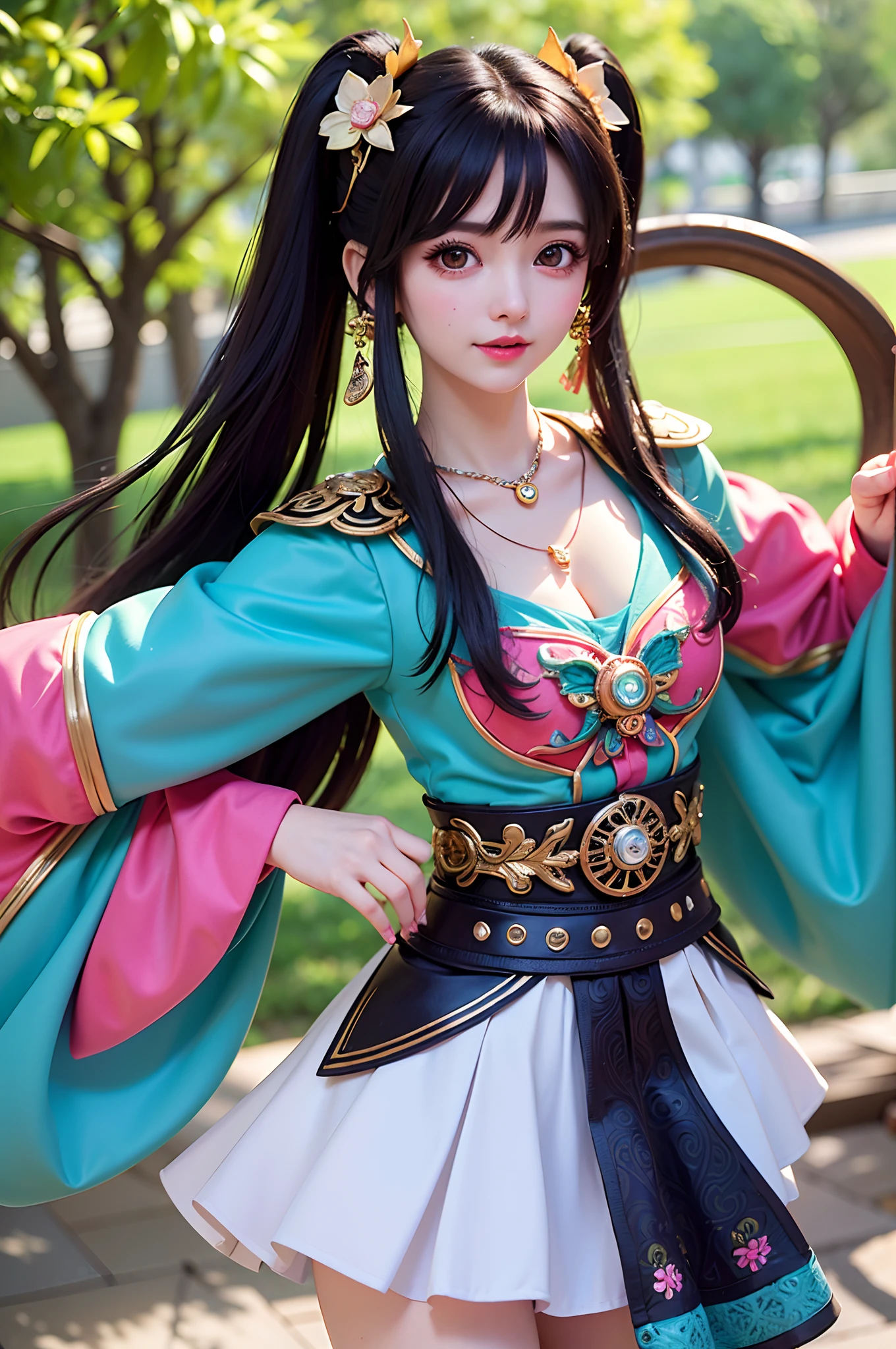 (Face focus:1.4,Super big eyes:1.4),Best quality, Masterpiece, Extremely detailed, high resolution, 4K, 超高分辨率, Detailed shadows, Perfect light and shadow,duo, Two girls in trendy costumes taking selfies on the street, Fantasy world,colorful pigtail, anime cosplaying, Anime style mixed with Fujifilm, Cute, big laughter, , Sexy,(Alebriès Art Style),PureErosFace_V1,Urzang-6500-V1 Edition.1,fantasyoutfit,The princess's eyes widened,Necklace of dreams,Fantastic ribbons,Dream rings,Fantastic jewelry,Fantastic hair accessory,Dream belt,Studio light,