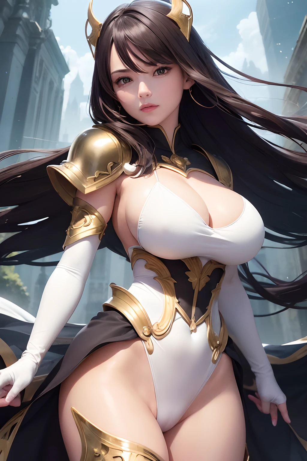 ((Best Quality, 8K, Masterpiece: 1.3)), 1girl, shiny skin, sharp, Perfect Body Beauty, realistic shaded perfect body, ("fantasy,bosysuit, white,gold decoration,transparent pussy" :1.2), , ("fantasy, black, armor gloves":1.2), ("fantasy, armor leggins"1.2), ("fantasy, robe"1.1), big_breasts, fantasy back ground, (dynamic pose:1.1), wind, inferno