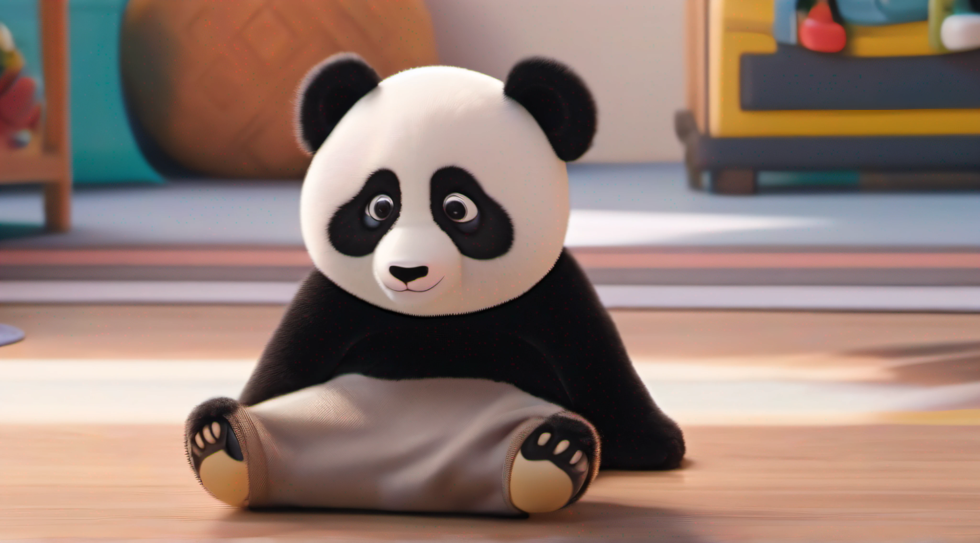 wearing panda clothes,Sit on a stool,Fundo sala de estar,Toys for children nearby,Disney style,wide wide shot,8K