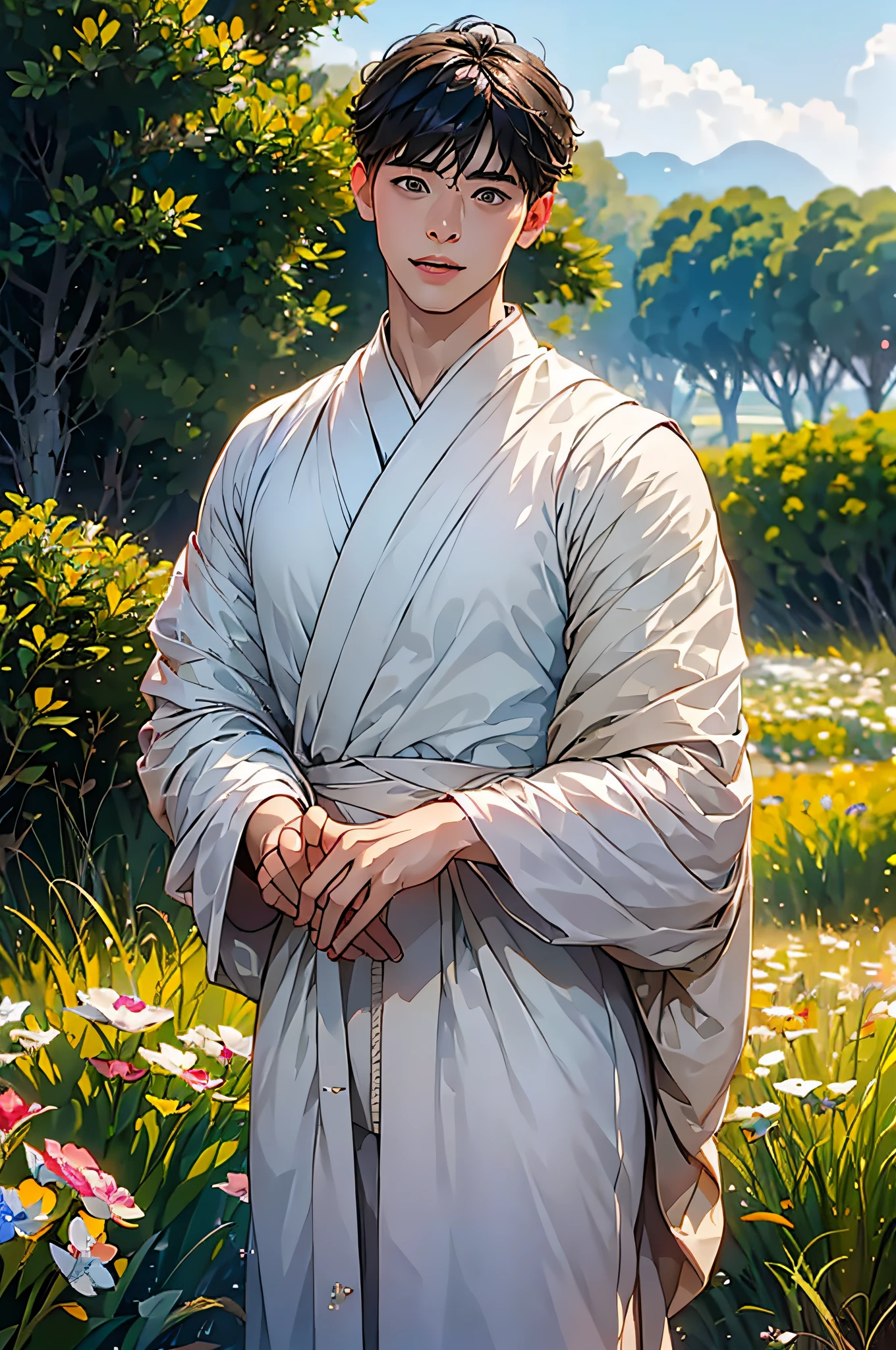 (in 8K、top-quality、​masterpiece:1.2)、1 boy、short-haired、Hair short、Brown-skinned、Silver View、