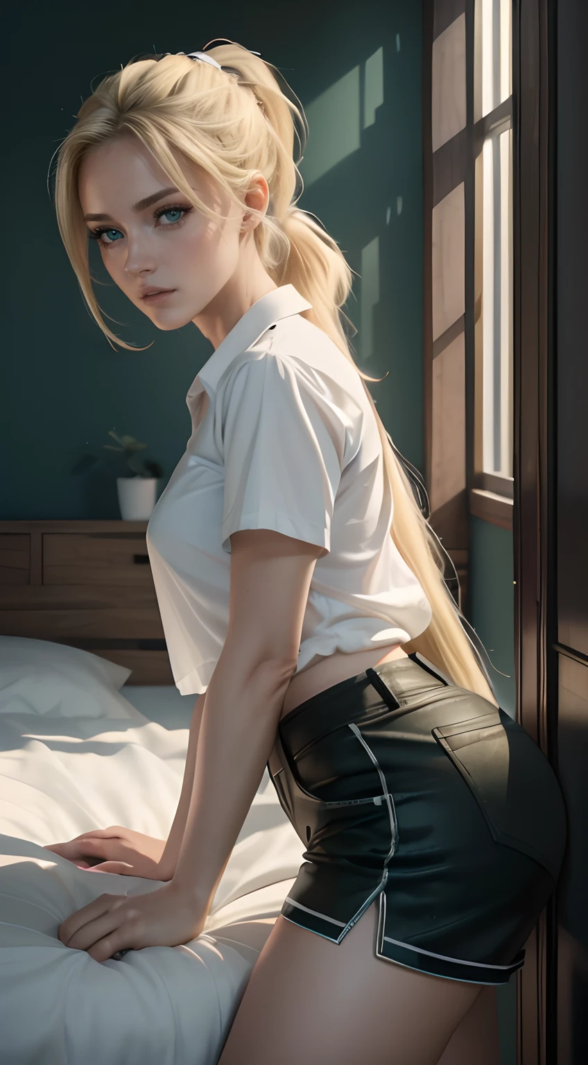 (best quality,8k,Altas,master part:1.2),ultra-detalhado,Realistic:1.37,olhos verdes,blonde hair,cabelos muito longos,rabo-de-cavalo,camisa branca,com shorts pretos curtos,sensual position