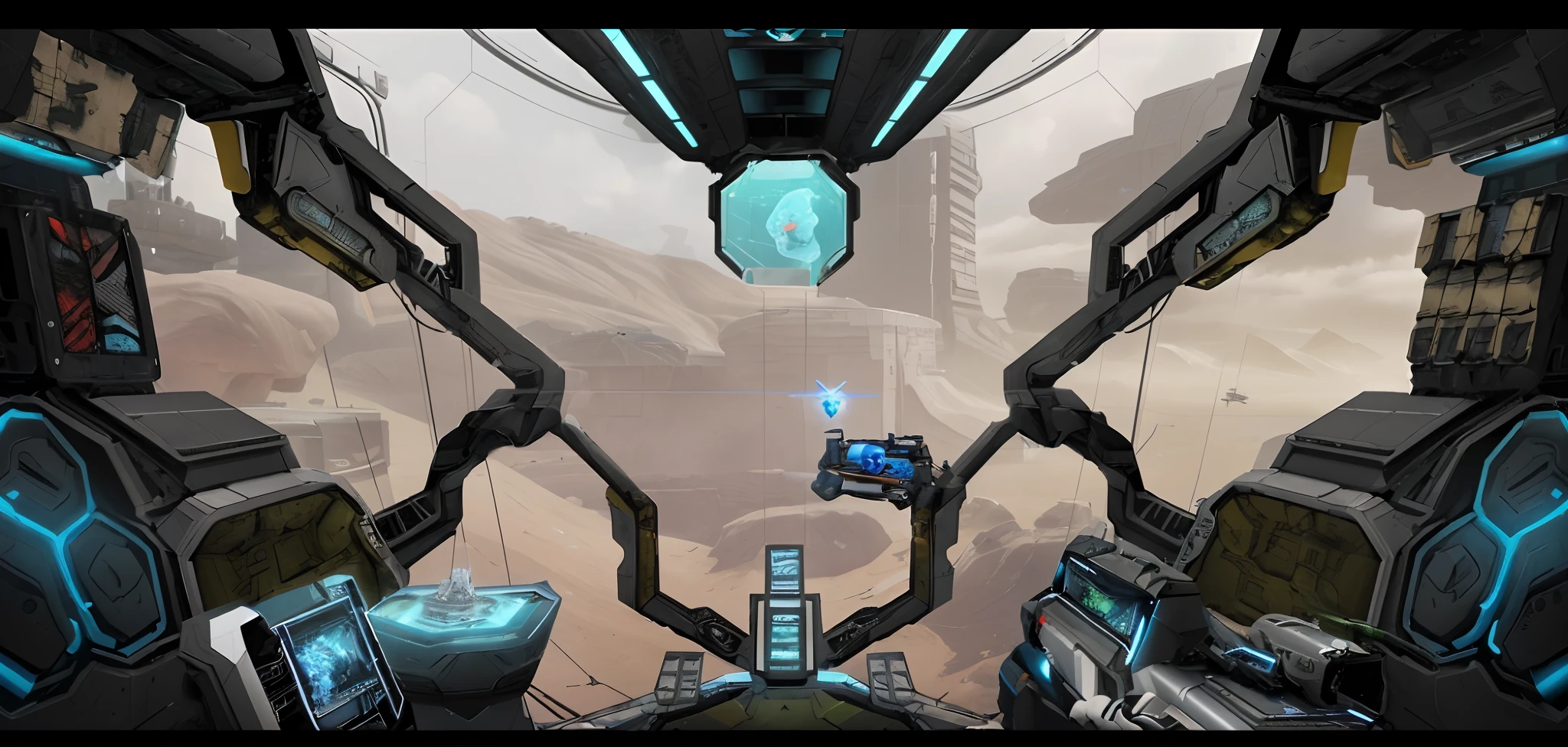 There's a view of a Sci-Fi spaceship from the inside, Arte conceitual do jogo FPS, Future science fiction. Jogo CG, gameplay screenshot with ui, Conceito de jogo FPS, sci-fi space game art, captura de tela em primeira pessoa, Captura de tela de jogabilidade interior, arte do jogo ultra detalhada, Captura de tela do videogame>, jogabilidade ainda, arte detalhada do jogo, vista em primeira pessoa