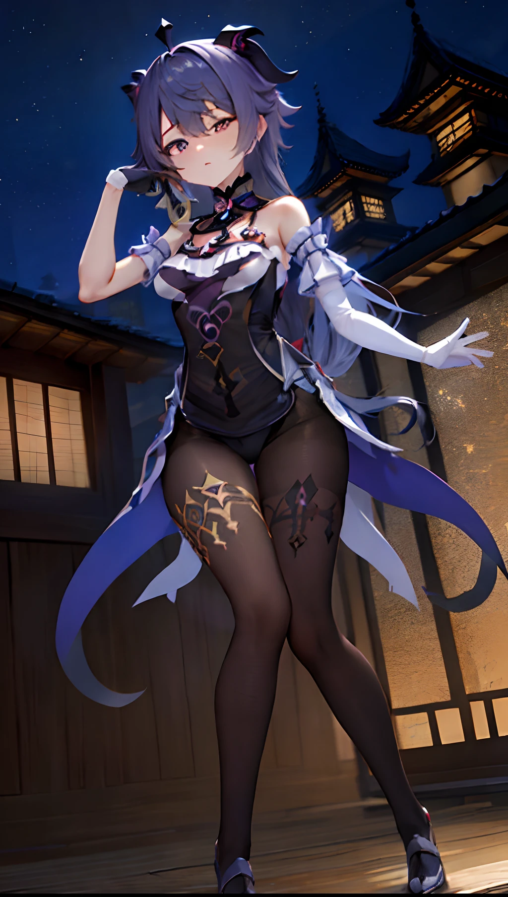 ganyu \(genshin impact\), 1girl, ahoge, architecture, bangs, bare shoulders, bell, black gloves, black pantyhose, ((blue hair)), blush, breasts, chinese knot, detached sleeves, east asian architecture, flower knot, gloves, horns, long hair, looking at viewer, medium breasts, neck bell, night, outdoors, pantyhose, purple eyes, sidelocks, solo, tassel, white sleeves, ((masterpiece))