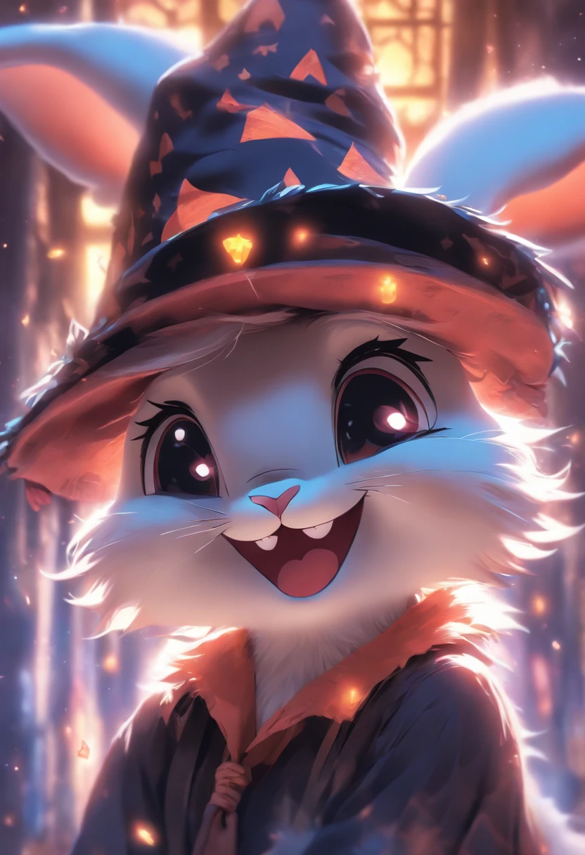 A bunny wearing a witch hat, smiling, blushing