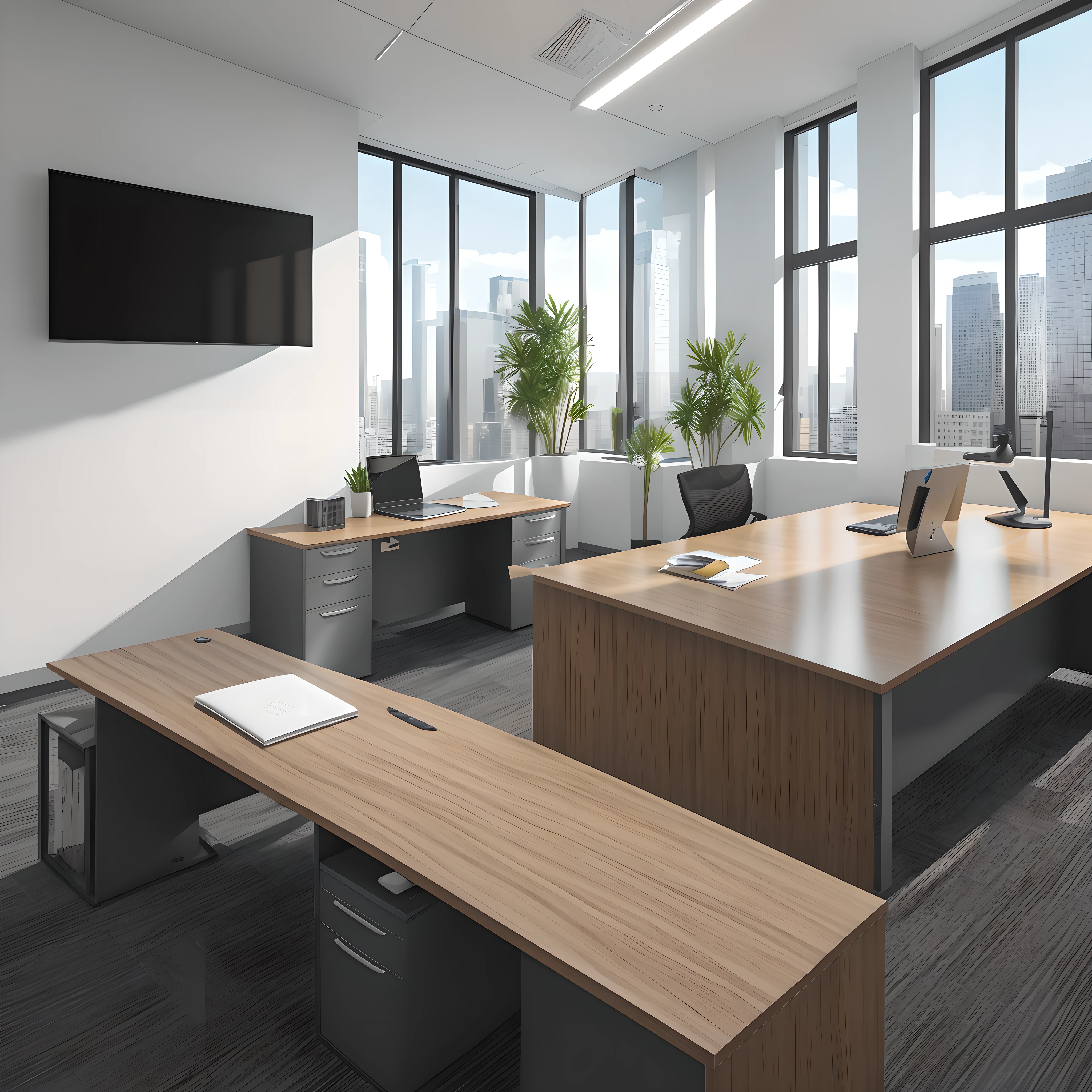tmasterpiece，office space，Office desk，NOhumans，Bright space，（Hyper-realistic:1.5）