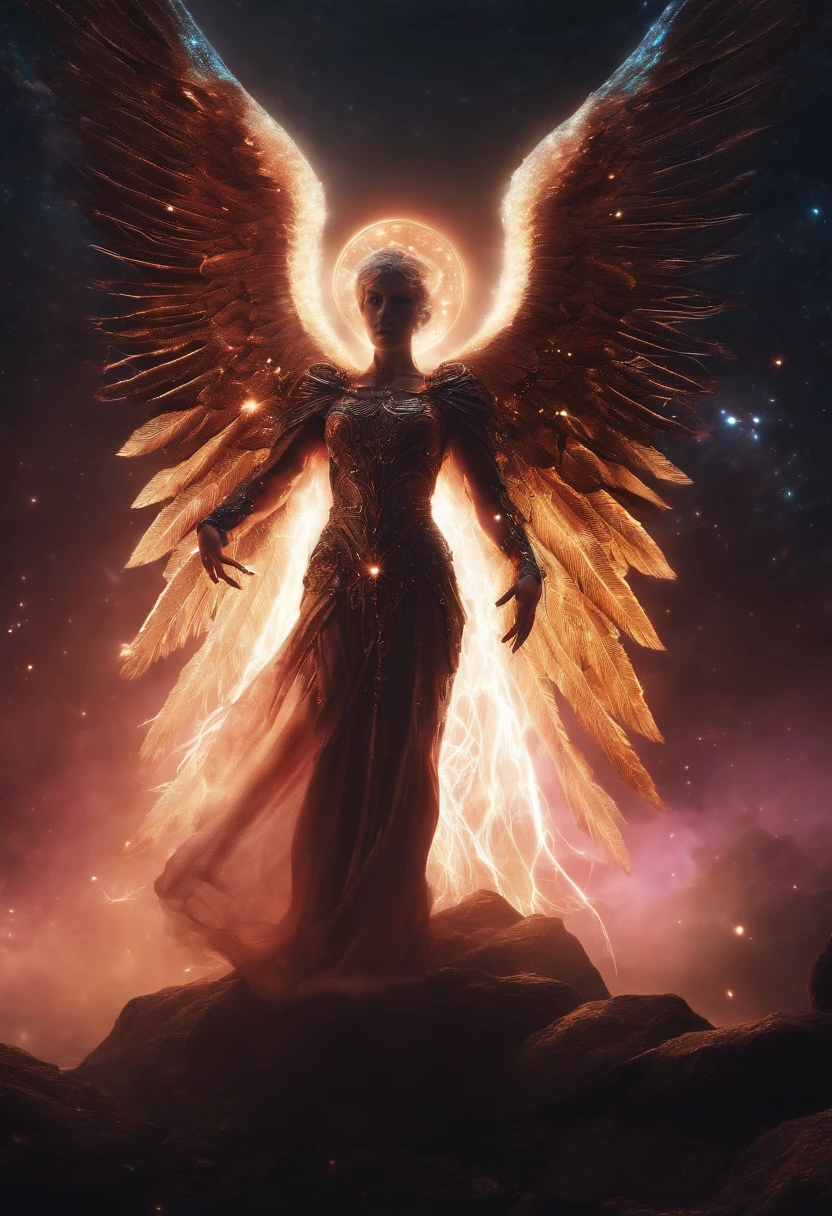 Cosmic Fallen Angel, glowing light eyes, Biomechanical, eerie, Creepy, nightmarish, Very bright colors, Light particles, with light glowing, Mshiv, wallpaper art, UHD wallpaper