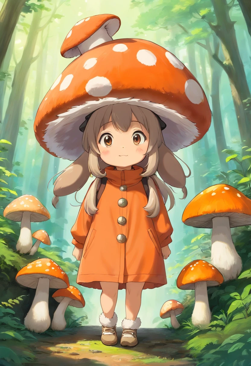 adorable creature,Similar to a mixture of rabbit and carrot, Adorable, Cute, Furry, Fluffy, forest, Mushrooms, Wear a mushroom hat