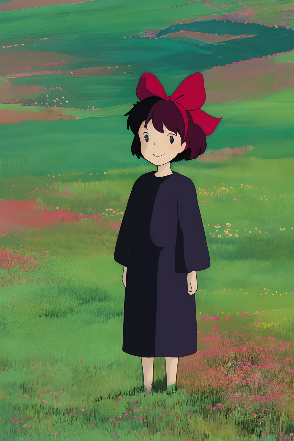 (masterpiece, best quality;1.3),ultra detailed,1girl,solo,feenagrandia,looking at viewer,smile, kiki,black robe,red hair bow,blue sky, standing, fullbody, outdoor