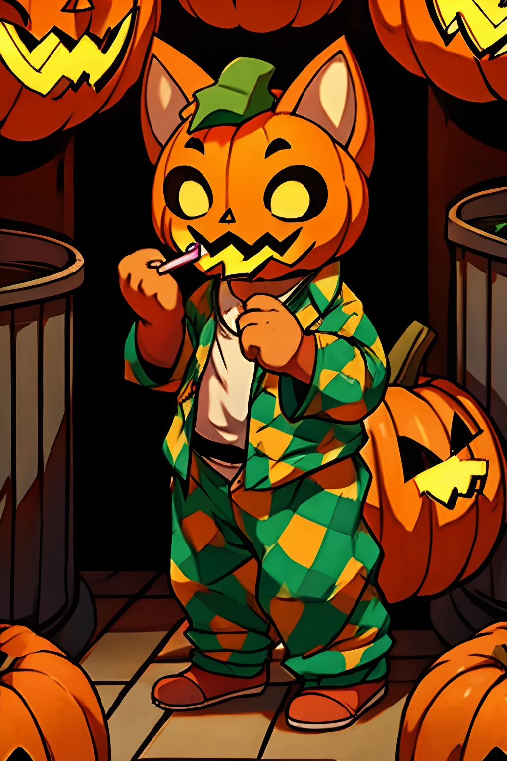 Pumpkin-headed yokai in pajamas live in green trash cans,Eating candy