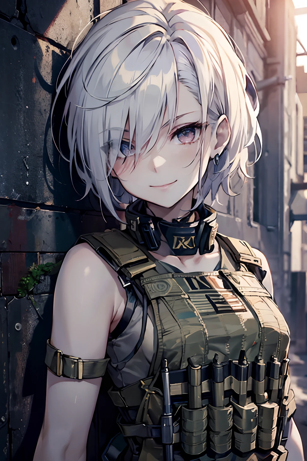 (( best quality, masterpiece, )) white hair, crimson eyes, pale skin, short hair, tomboy, smile, albino, military uniform, kevlar vest, small breasts