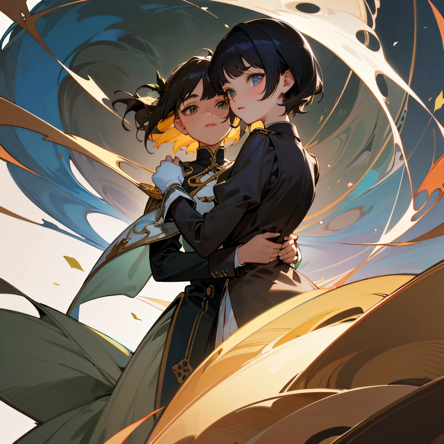 hight resolution,ultra-detailliert,Official art,Beauty and aesthetics,​masterpiece,best qualtiy,ighly detailed,Variegated,Most details、Shining eyes、Detailed eyes、face perfect、enigmatic、A dark-haired、National Uniform、Dance by two women、stare at each other