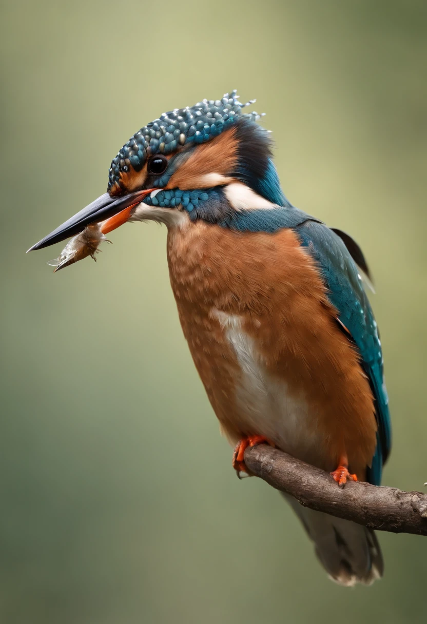 A kingfisher flutters gracefully on a finger, Strong morning light diffuses through the fog,Flapping,hovering、 Highlights its intricate feathers with dramatic sidelights、realisitic、realistic、Floating birds