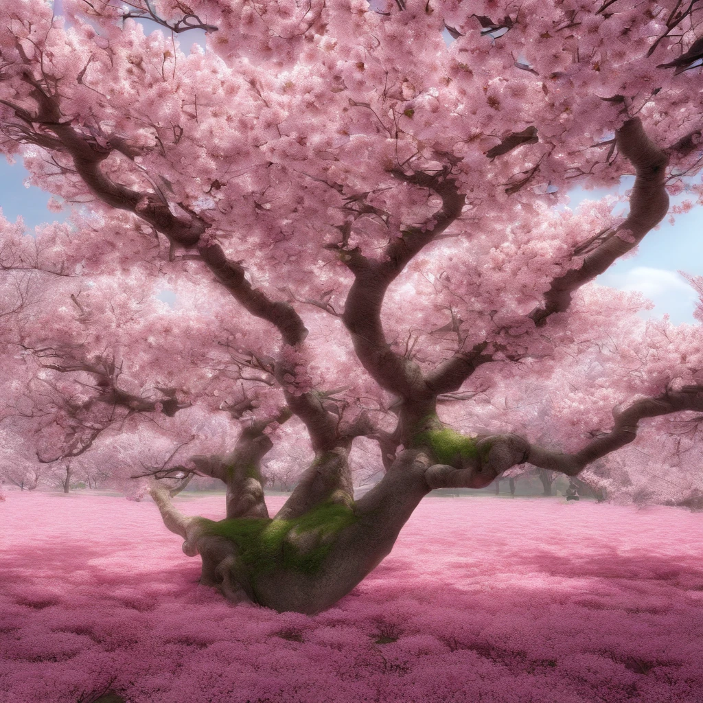 In the middle of a field, tree with pink flowers, cherry blossom trees, Detailed trees in full bloom, Cherry blosome trees, sakura trees, cherry blossomsbaum, Cherry trees, Kirschblütenbaum, Kirschbaum im Hintergrund, cherry blossoms, Cherry blossoms in the wind, cherry blossom, Huge cherry trees, huge flowers, Lush sakura trees, (((Meisterwerk))), (((best quality))), ((Ultra-detailliert))