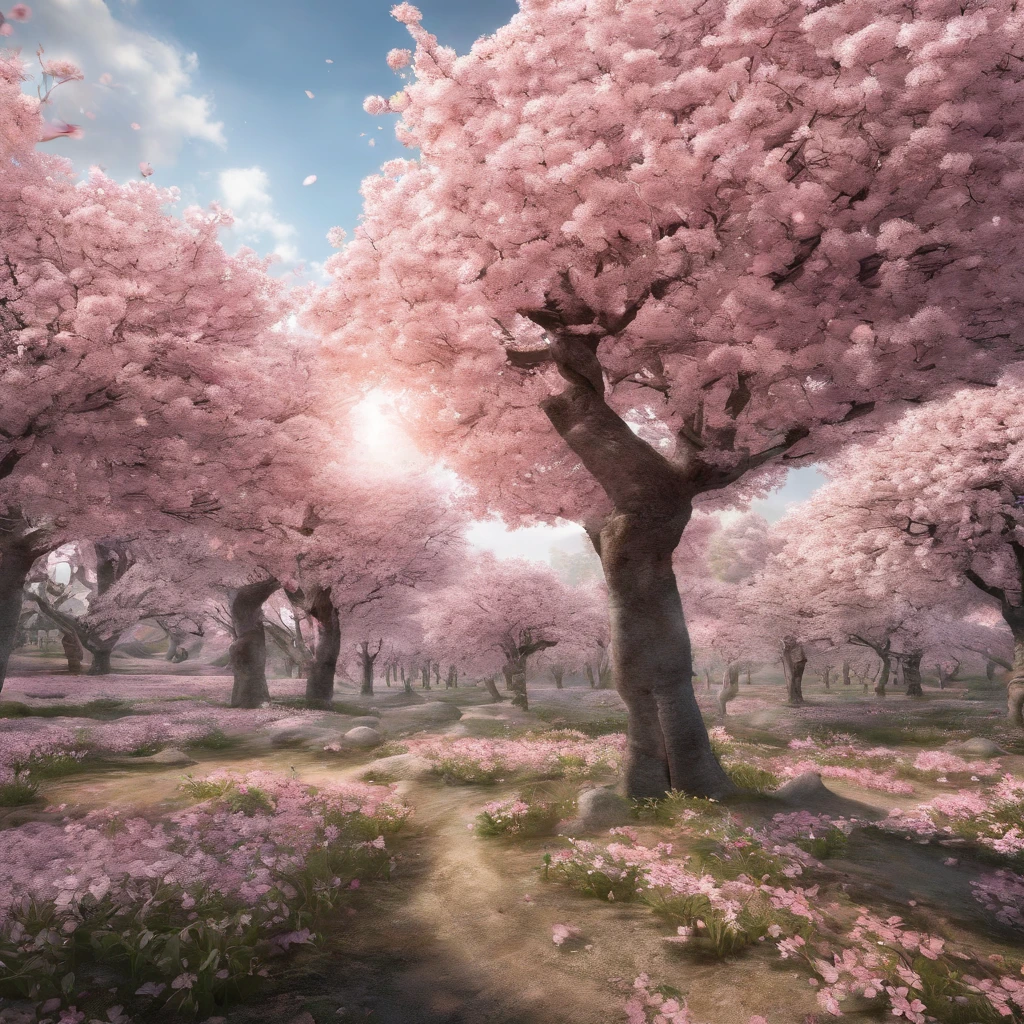 In the middle of a field, tree with pink flowers, cherry blossom trees, Detailed trees in full bloom, Cherry blosome trees, sakura trees, cherry blossomsbaum, Cherry trees, Kirschblütenbaum, Kirschbaum im Hintergrund, cherry blossoms, Cherry blossoms in the wind, cherry blossom, Huge cherry trees, huge flowers, Lush sakura trees, (((Meisterwerk))), (((best quality))), ((Ultra-detailliert))