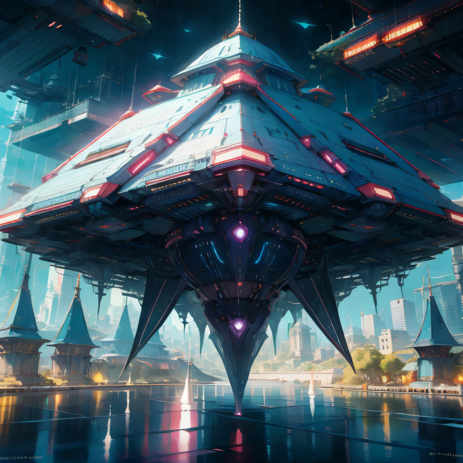 City of another futuristic hexagonal prism shaped alien flying inspace