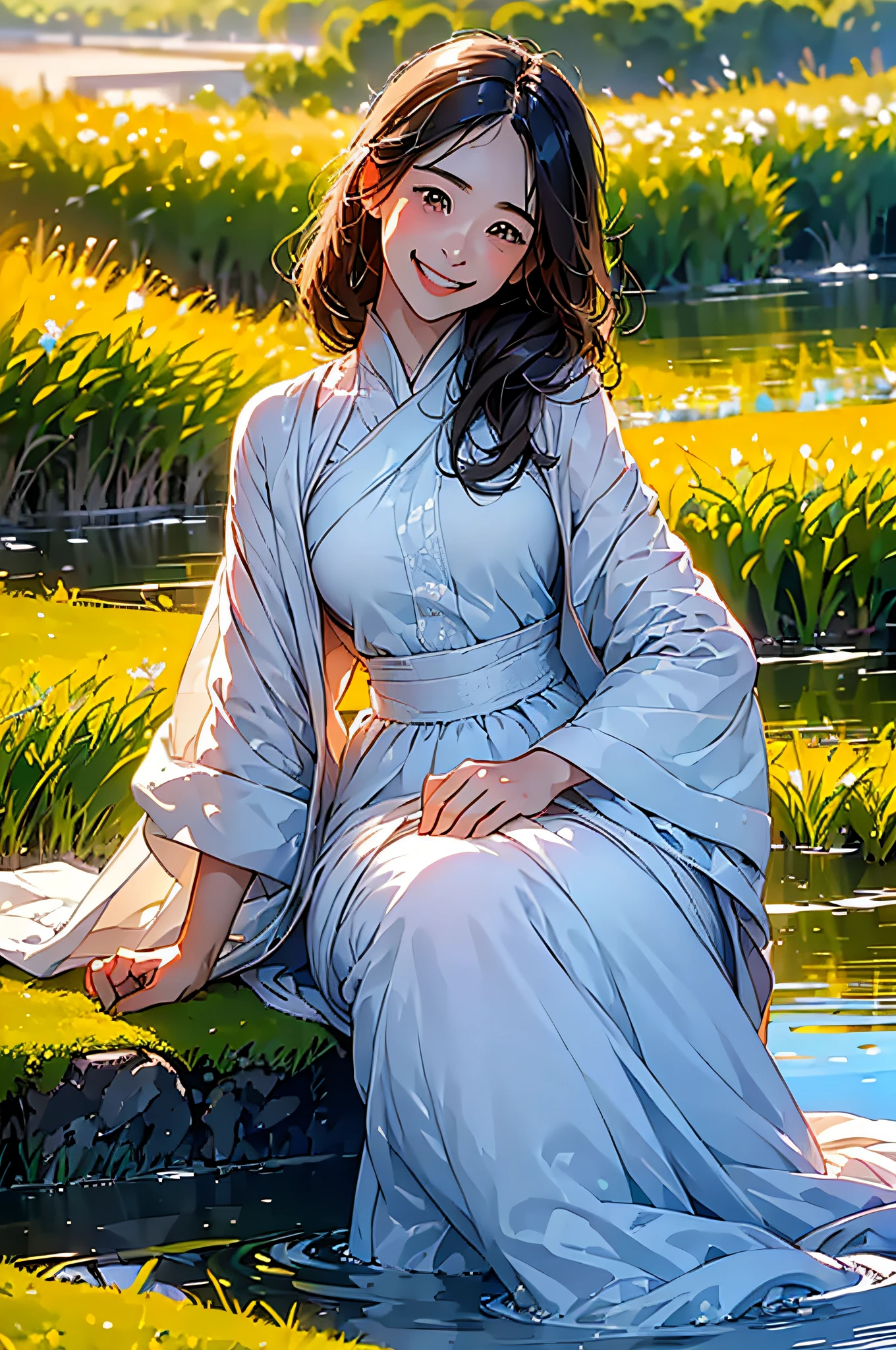 (in 8K、top-quality、​masterpiece:1.2)、1人の女性、(Smiling smile:1.1)、beautidful eyes、Valley、The upper part of the body、length hair、Like a boy、Longhaire、Silver View、