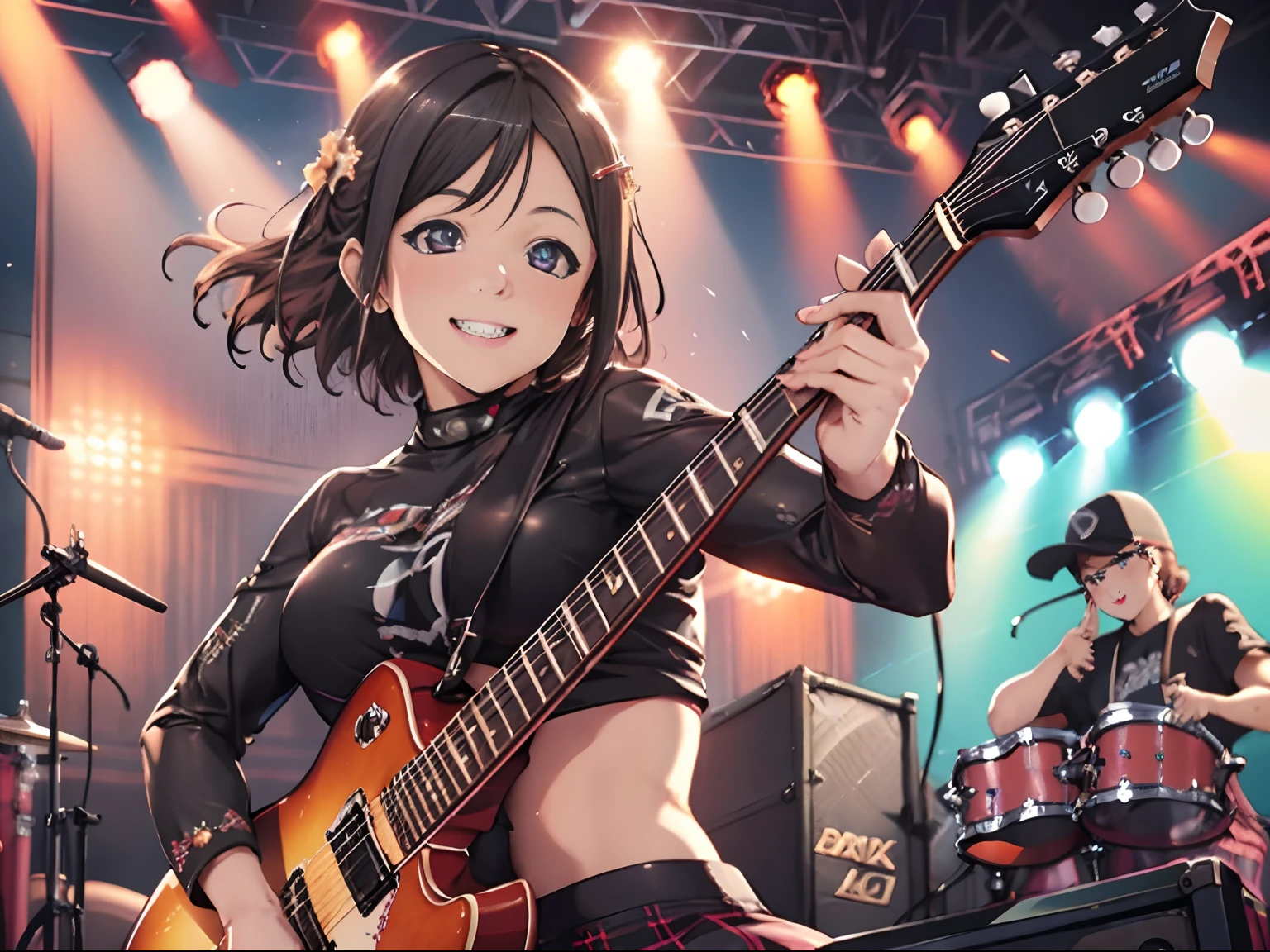 detailed reflecting eyes by professional digital painting, realistic,front lighting, 8k resolution, (girls' band:1.4), (dynamic angle), upper body, black guitar, amplifier, speaker, live stage, smile, Live festival, school, Shining Lighting