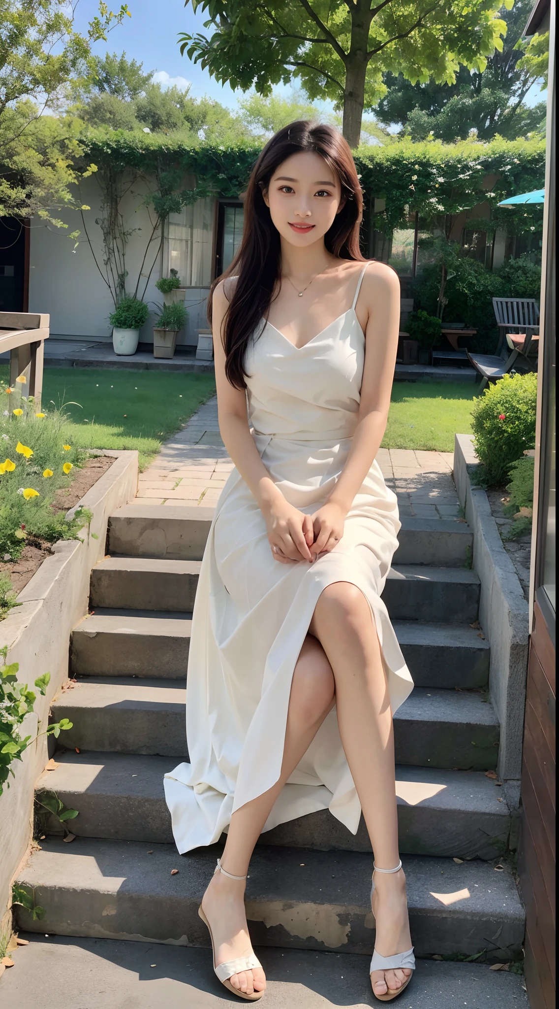 ,Masterpiece, Best quality,8K, 超高分辨率,Reallightandshadow,Cinema lenses,(beautidful eyes:1.1), ((中景 the scene is,The upper part of the body)),dynamicposes,On a green meadow,The gentle goddess came with gentle steps。She wore a white dress,A gentle breeze blows,The skirt dances lightly。The sun shone through the leaves in her hair,Reflecting her clear eyes and gentle smile。Colorful butterflies flutter around her,Flowers bloomed at her feet,It was as if nature was cheering for her。
