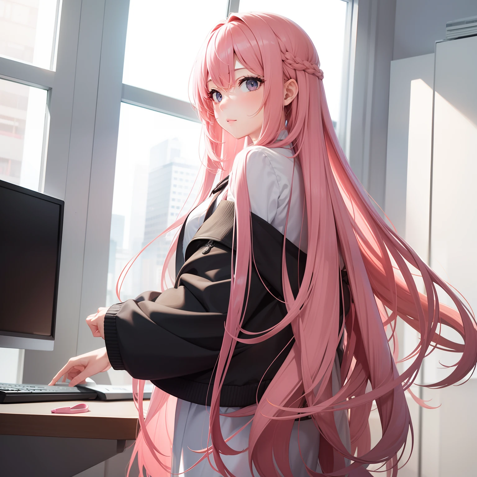 OL、 Long pink hair, Solo, Office, Looking at Viewer, Front view,