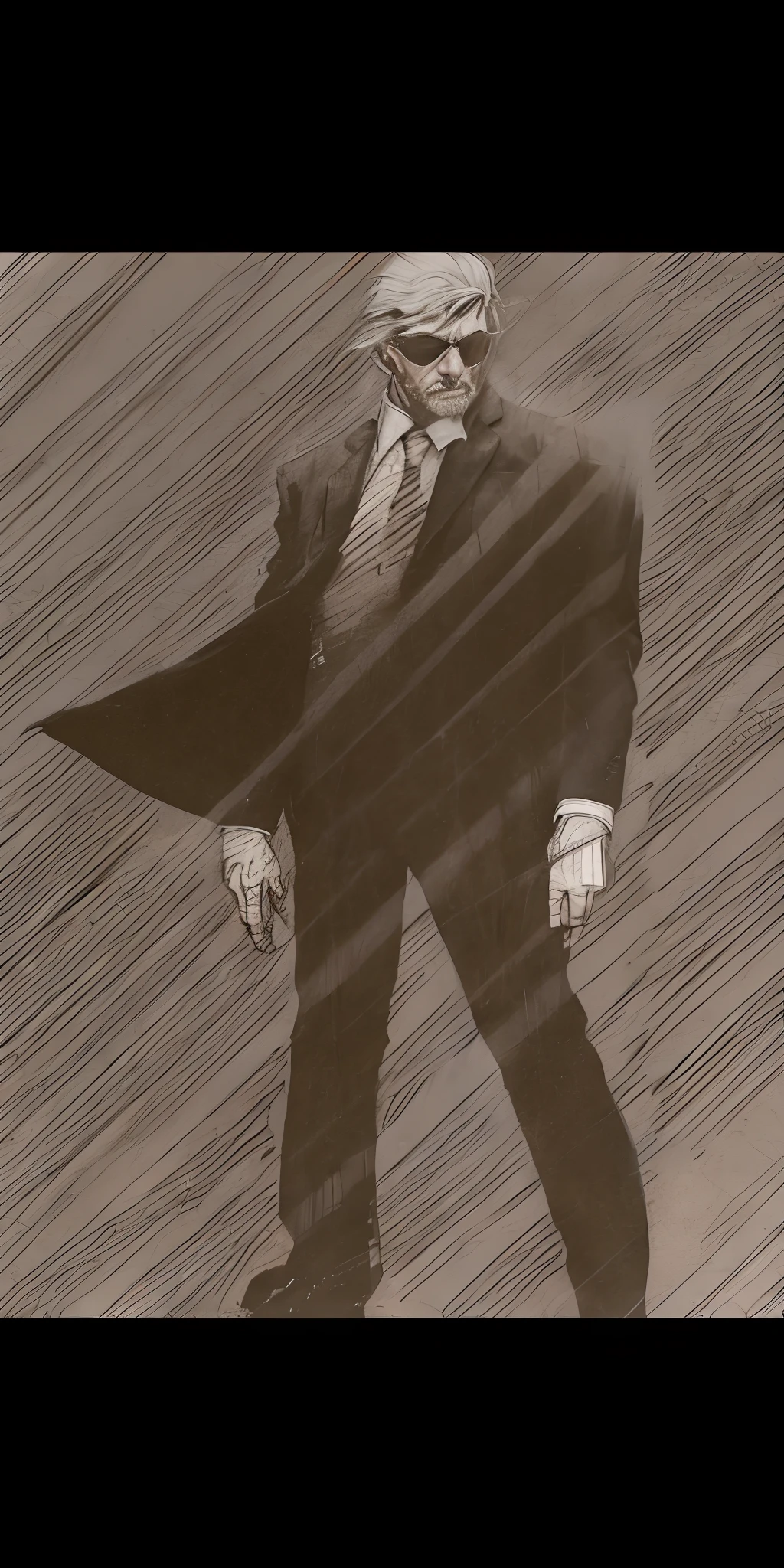 There is a drawing of a man in a suit and tie, O Homem de Areia da Graphic Novel, Estilo Frank Miller,  foto realista, chuva leve, colorido,