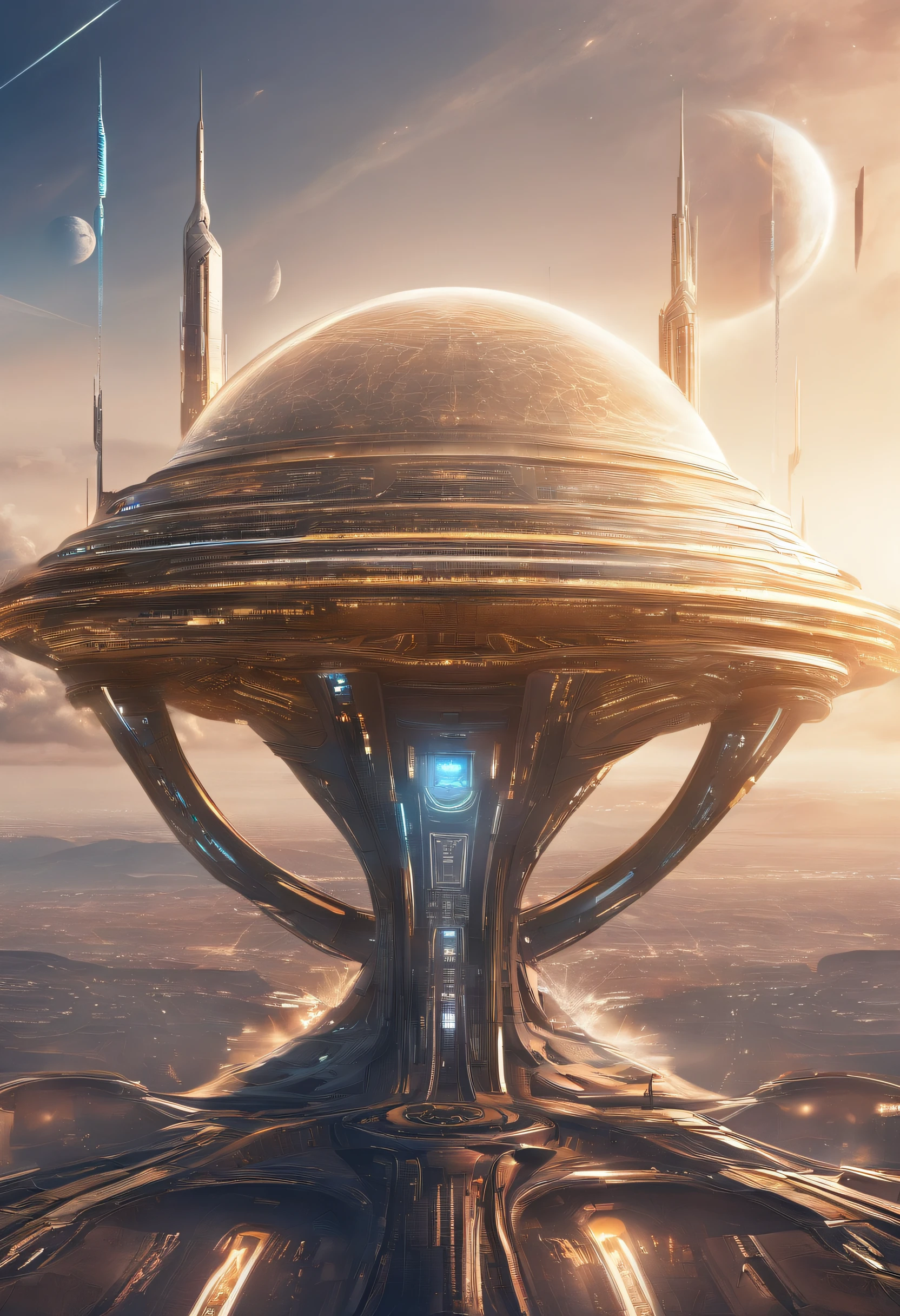 kosmos，A giant mothership that emits golden light，super exquisite details，Extreme light chasing，Extreme light and shadow，Bright countless planets，Futuristic，science fiction elements，Ultra photo realsisim