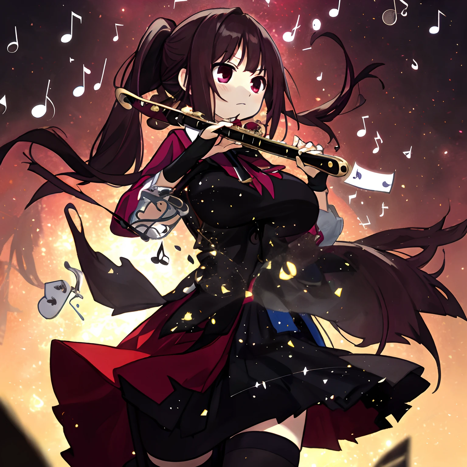 Red attire、big breasts and big breasts、flute、A dark-haired、poneyTail、Blowing ocarina、seminude、Torn stockings、An expression that does not give up hope、(Particles of musical notes:1.5)、NSFW