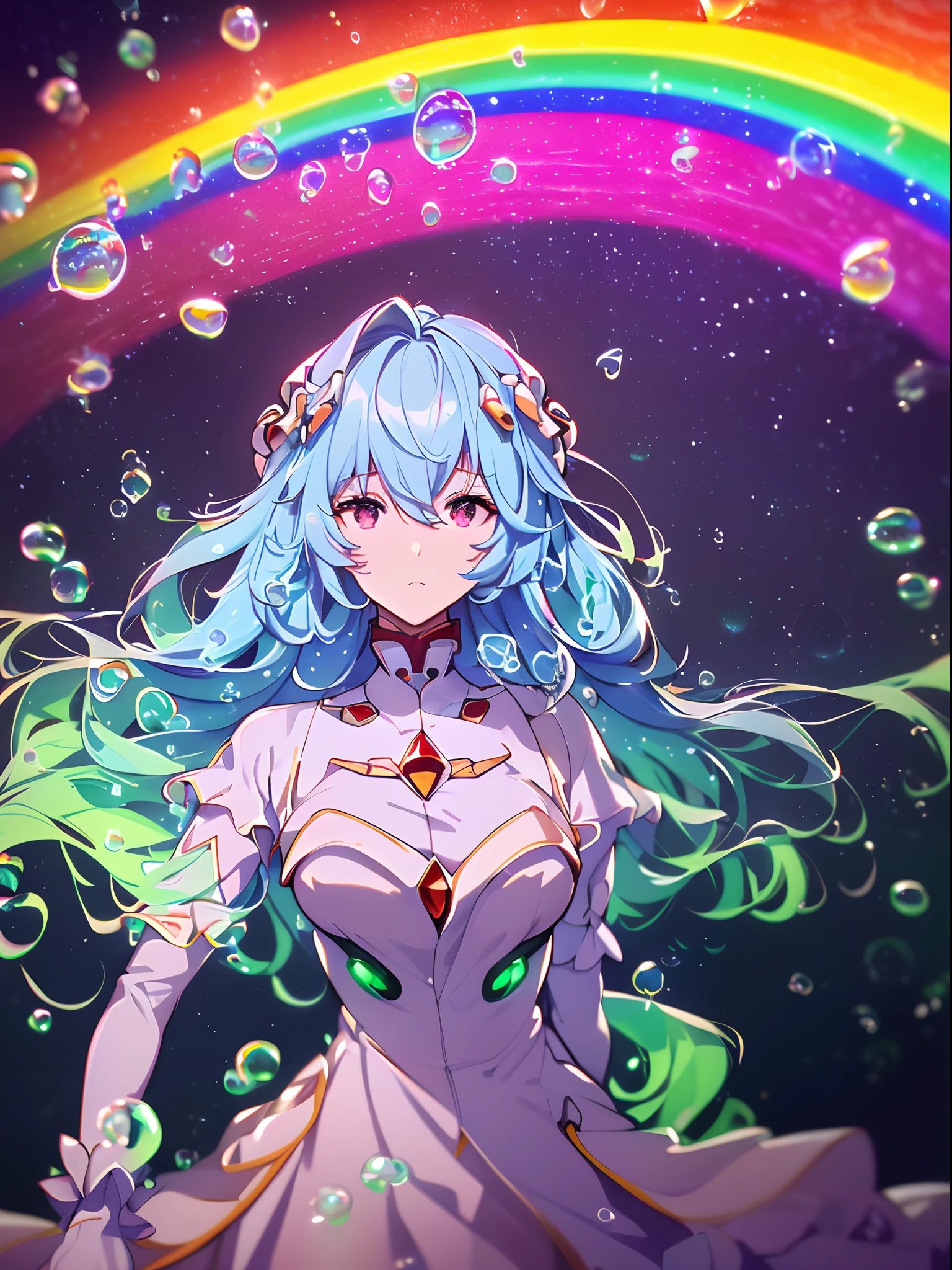 (((ayanami rei))),((((BREAK,Design an image with a fisheye lens effect, capturing a wide field of view with a distinctive, curved perspective.BREAK,)))((1girl:1.1,solo,siamese cat,))(masterpiece,best quality, official art,aim to viewers, beautiful and aesthetic:1.3),((ultra high res,golden ratio,)) (4k),((seen from above,dawn,rainbow,in the ocean,raindrops, dreamland,beautiful sky,detailed aurora)),((((spiral bubbles,))))dynamic lighting, cinematic lighting,(fantasy,blur image,arms behind back,)((psychedelic)),((dreamy)),((holographic projection,))radiosity, physically-based rendering,automatic white balance), technological sense,Amazing,sharp focus,detailed background,rich background, (((high detailed skin,)))dynamic lighting,intricate detailed outfit,glowing eyes,watery eyes,((long hair,))deadpan,skiny,slender,smooth beast,white lolita dress,long sleeves,White gloves,headgear,(masterpiece sidelighting),(bishoujo,lustrous),(sky blue hair,pink eyes,）[[delicate fingers and hands:0.55]::0.85],(detail fingers),(((Ultra Photographic Quality,ultra wide angles)))),((incredibly absurdres,photoreality)),(realilty:0.7),((micro distance,bust,))diamond rings,((extremely_detailed_eyes_and_face)),(disheveled hair),FilmGirl,(dynamic configuration: 1.2),Brilliant,drifting Nebula,ethereal, glossy ,striking contrast,high saturation