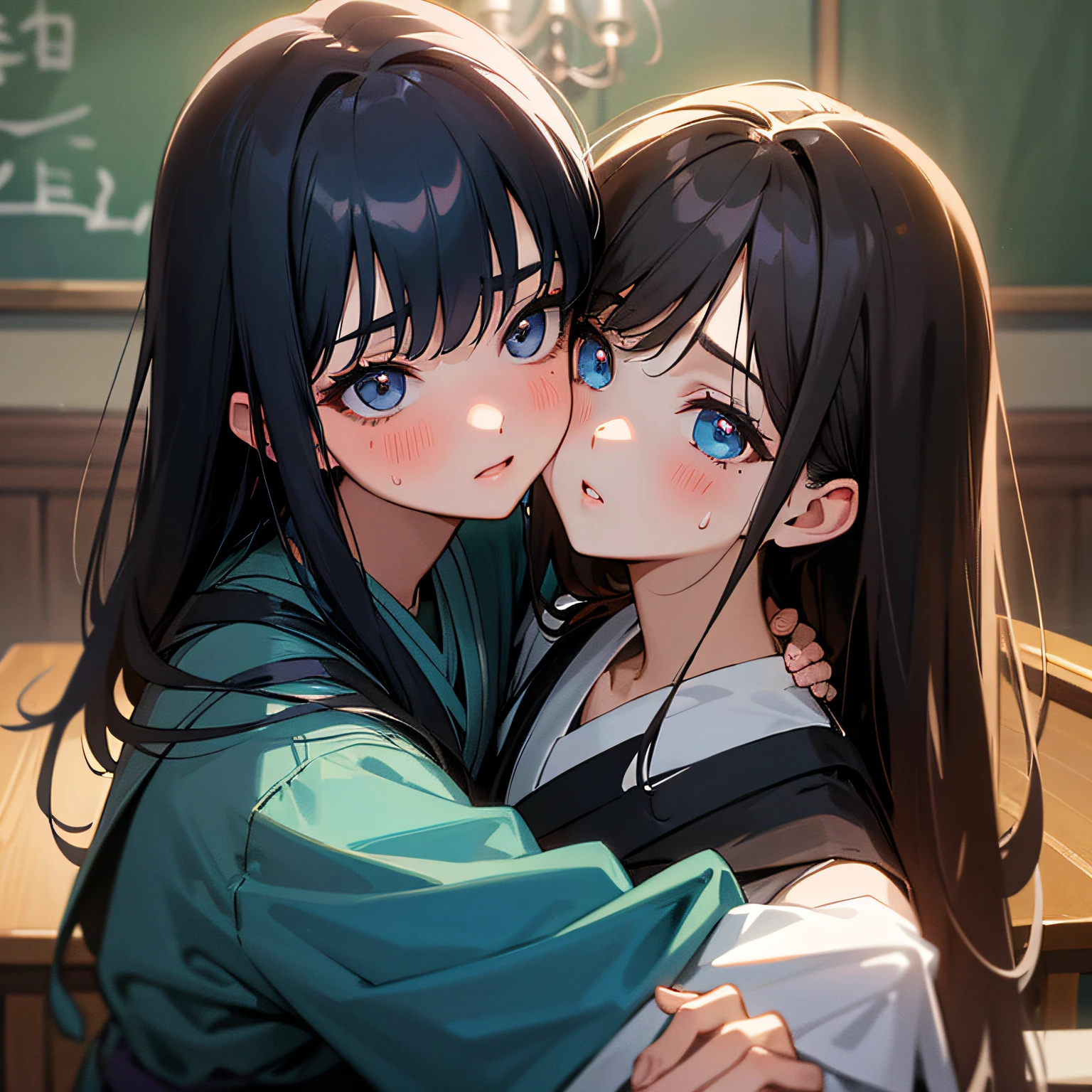 hight resolution,ultra-detailliert,Official art,Beauty and aesthetics,masterpiece,best qualtiy,ighly detailed,Variegated,Most details、Shining eyes、Detailed eyes、face perfect、full of sweat、A dark-haired、校服、sano、Classroom、window、drapes、the kiss、blue-sky、Background with、Girls staring at each other