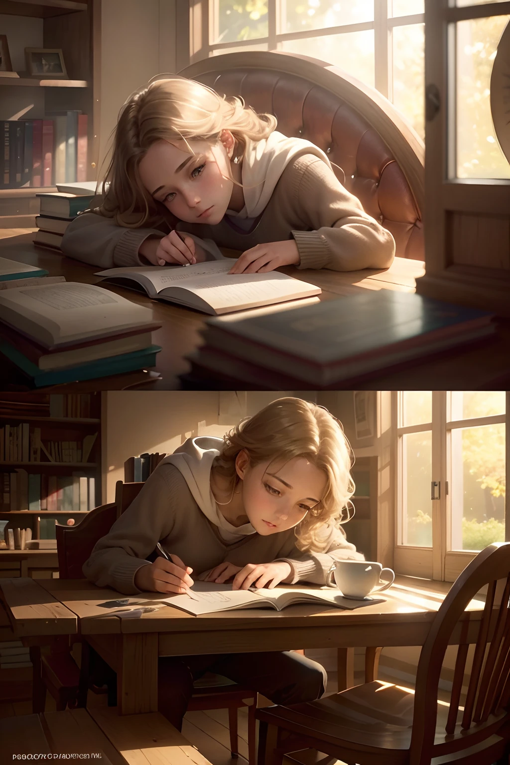 (Best Quality,animesque),Ultra-detailed,(Realistic,Photorealistic,Photorealsitic:1.37),Library Scene,Boy studying,Beautiful detailed eyes,Beautiful detailed lips,extremely detailed eye and face,Gentle sunlight coming in through the window,quiet and serene atmosphere,Peaceful and focused,Books scattered on the table,soft and warm lighting,A little dusty vintage feel,Dappled sunlight passing through the leaves,Reflective surfaces,wooden furniture,Soft shadows,Quiet and comfortable environment,Vivid colors,Cozy reading corner,Curved arched doorway,Students immersed in their studies,Coexist peacefully,Harmonious and cooperative,Diverse and inclusive,Friendly and encouraging atmosphere,Cozy and comfortable chairs,peaceful silence,Whispering Conversation,Literature and knowledge,Open the window with views of nature,quiet and serene atmosphere