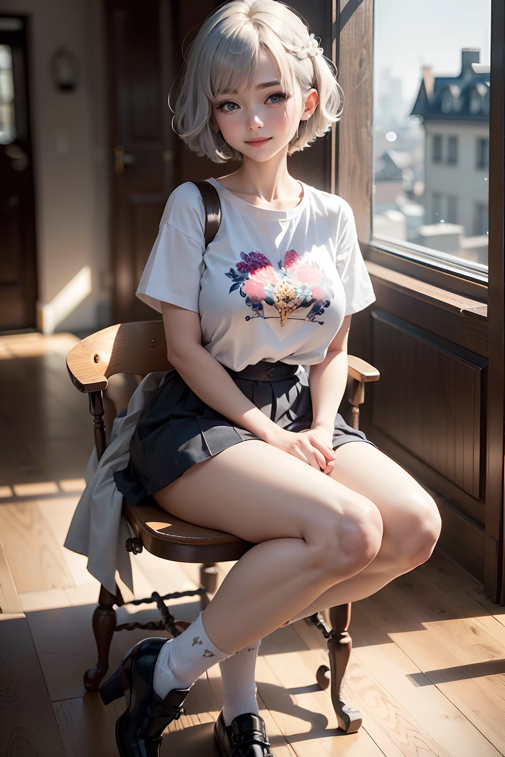 Raw photography, top-quality, masterpiece, extremely delicate and beautiful, ighly detailed, nffsw, Unity, 8K Picture Wallpaper, amazingly detail, detaile, masterpiece, top-quality, Official art, Highly detailed ticker Unity 8k wallpaper, ultra-detailliert, hight resolution, ighly detailed, Clair, Focus, (top-quality), (realisitic, Photorealsitic:1.2), 8K, Soft lighting, hightquality, lighting like a movie, 1girl in、Uzaki-chan(Annoyingly)、wears glasses、Wearing under-rim glasses、Red vine glasses、Short stature、Short、Chibi、Blue eyes、Light gray hair、Light gray hair、Hair is as long as your ears、Hair length to the ears、Length to the ears、Hair is trimmed at the ears、Hair length to the ears、2 Block Shorthair、Berry Berry Berry Shortcut、One-length bob hair、Short bob hair、very, very, Very short hair、Blue eyes、blue eyess、tthin eyebrows、very, very, Very big eyes、Eyes of Manga、dual、gazing at viewer、Do your audience a favor、You like、red tide、Dye cheeks、A smile、Angelic smile、Innocent smile、with a cute、Attractive eyes、salvador、White T-shirt、I don't wear underwear.、no-bra、super giant breast、Colossal tits、Tense udder、Cracked chest、a miniskirt、Leather shoes、University buildings、Inside the school building、sit a chair、M-shaped legs、Daytime、