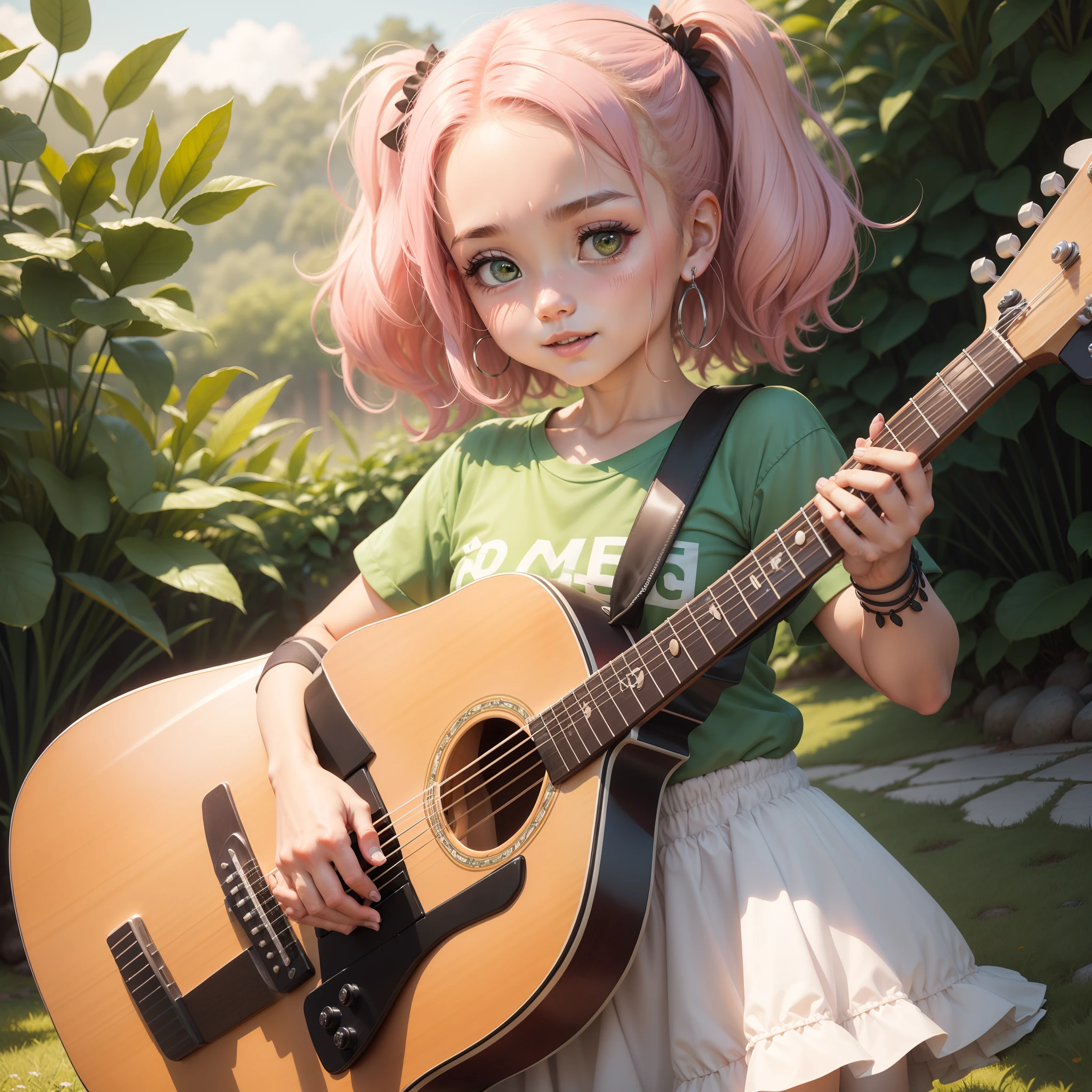 Uma bonita e fofa, Seus longos cabelos tremulavam levemente,
, Use uma camisa verde e casaco de manga comprida, The face is painted with a pink blush, The eyes are confused and beautiful。Ela sorriu e caminhou sob as flores, Holding accessories, 。The background music begins, O som suave da guitarra soava lentamente。