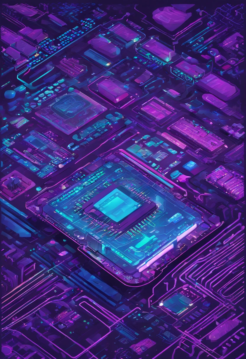 a blue and purple illustration of a computer circuit board with various electronic components, isometric futuristic game, circuit board processor, prerendered isometric graphics, very detailed isometric, isometric 8k, intricate neon circuit pattern, isometric aerial view, computer chips, isometric game, motherboard circuitry, isometric illustration, iridescent cybernetic processor