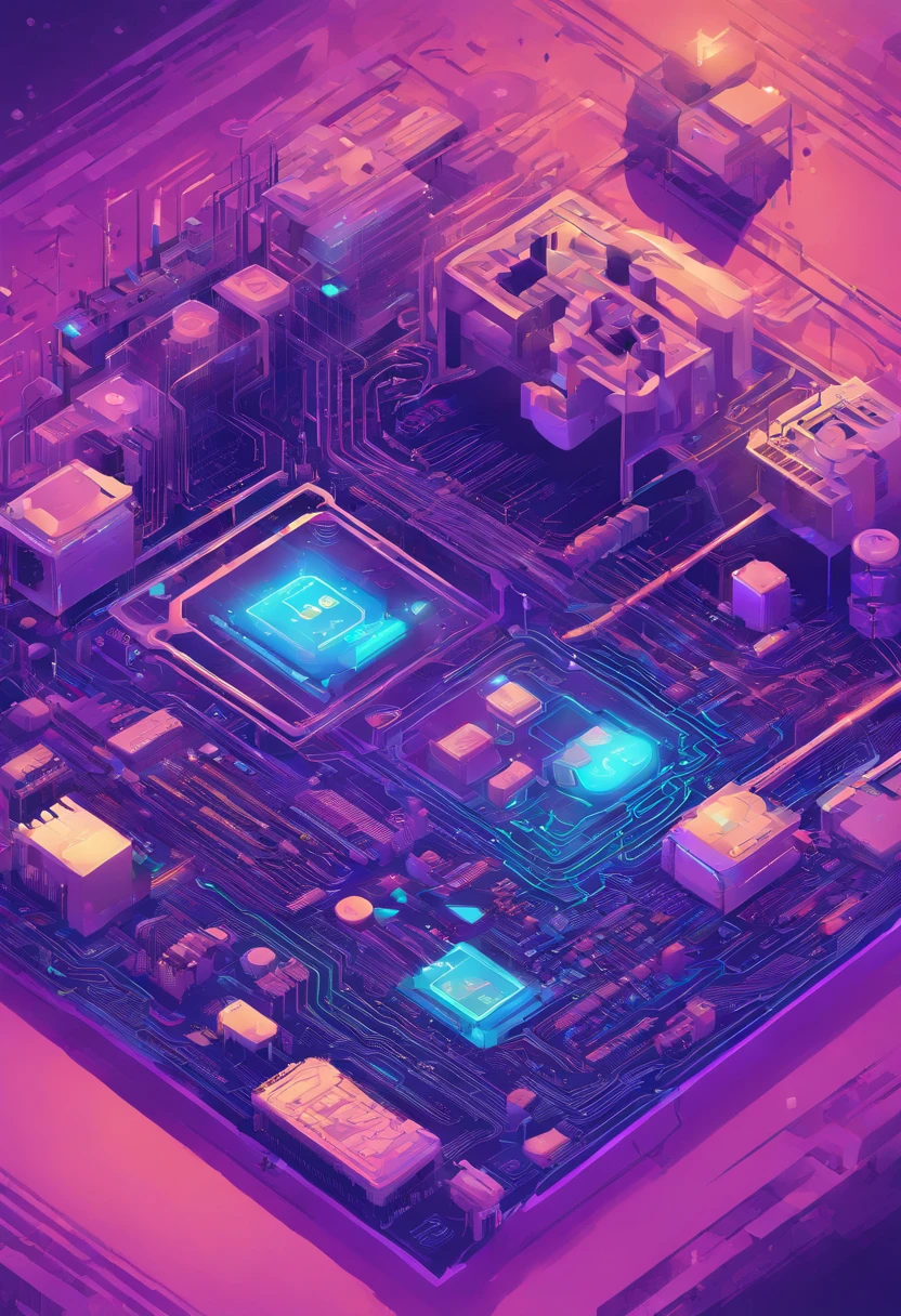 a blue and purple illustration of a computer circuit board with various electronic components, isometric futuristic game, circuit board processor, prerendered isometric graphics, very detailed isometric, isometric 8k, intricate neon circuit pattern, isometric aerial view, computer chips, isometric game, motherboard circuitry, isometric illustration, iridescent cybernetic processor