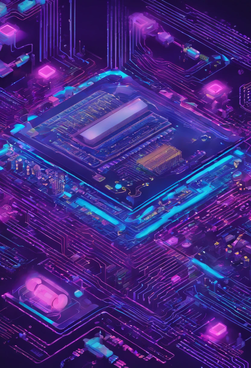 a blue and purple illustration of a computer circuit board with various electronic components, isometric futuristic game, circuit board processor, prerendered isometric graphics, very detailed isometric, isometric 8k, intricate neon circuit pattern, isometric aerial view, computer chips, isometric game, motherboard circuitry, isometric illustration, iridescent cybernetic processor