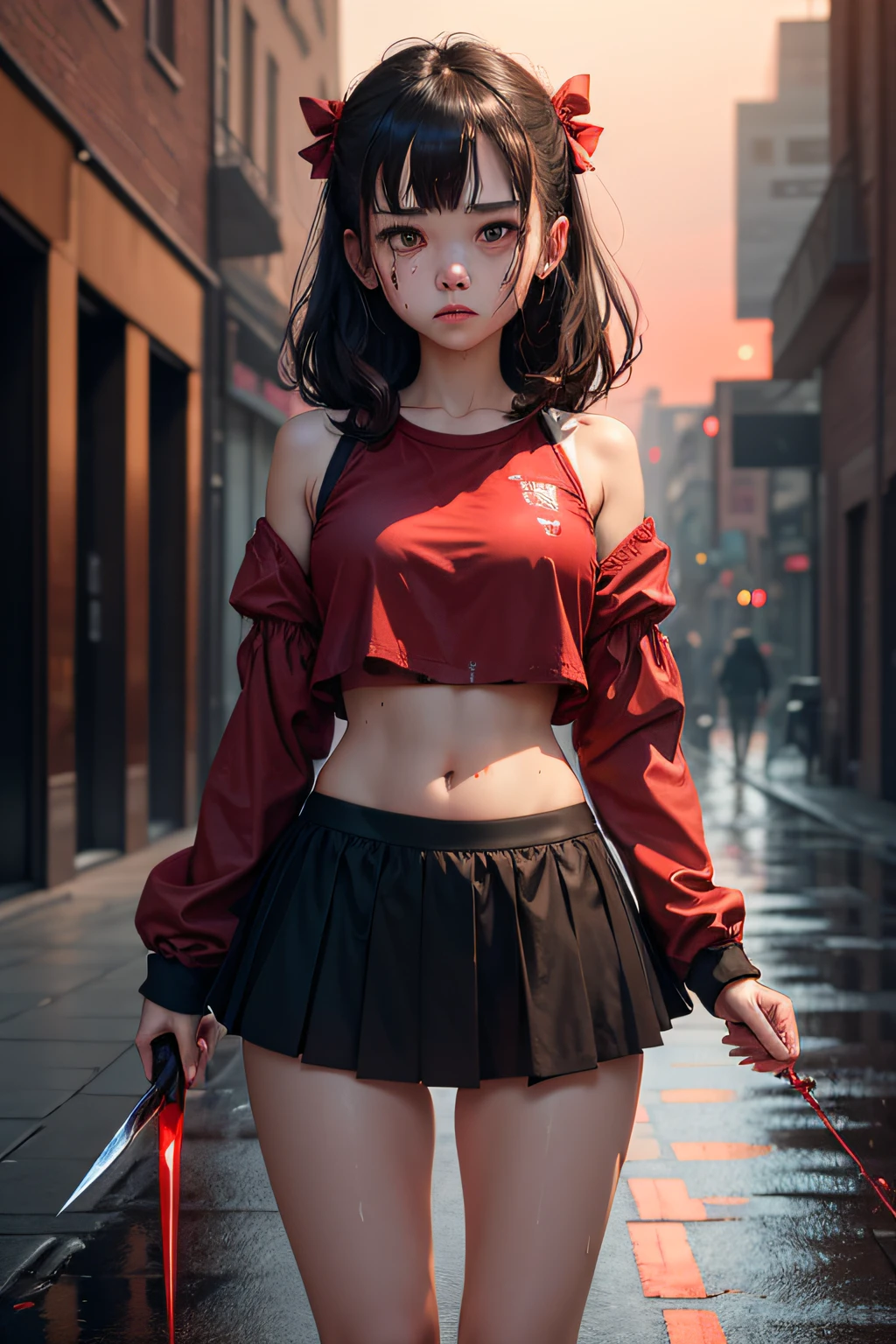 Masterpiece, Best quality, view the viewer, facingviewer, Bare legs, 1girll, Solo, Upper body, bow, serafuku, Disgusted face, during night, heavy rain, Outdoors, City, Crop top, navel, Wet clothes, Drenched, Excessively long sleeves, Put your hands in your sleeves, Tears, blood stain, dark alley, Blood splattered on the ground, Red bright light, Glowing eyes, Depth of field,Holding a knife,Red sky, atmospurate,Perfect hands
