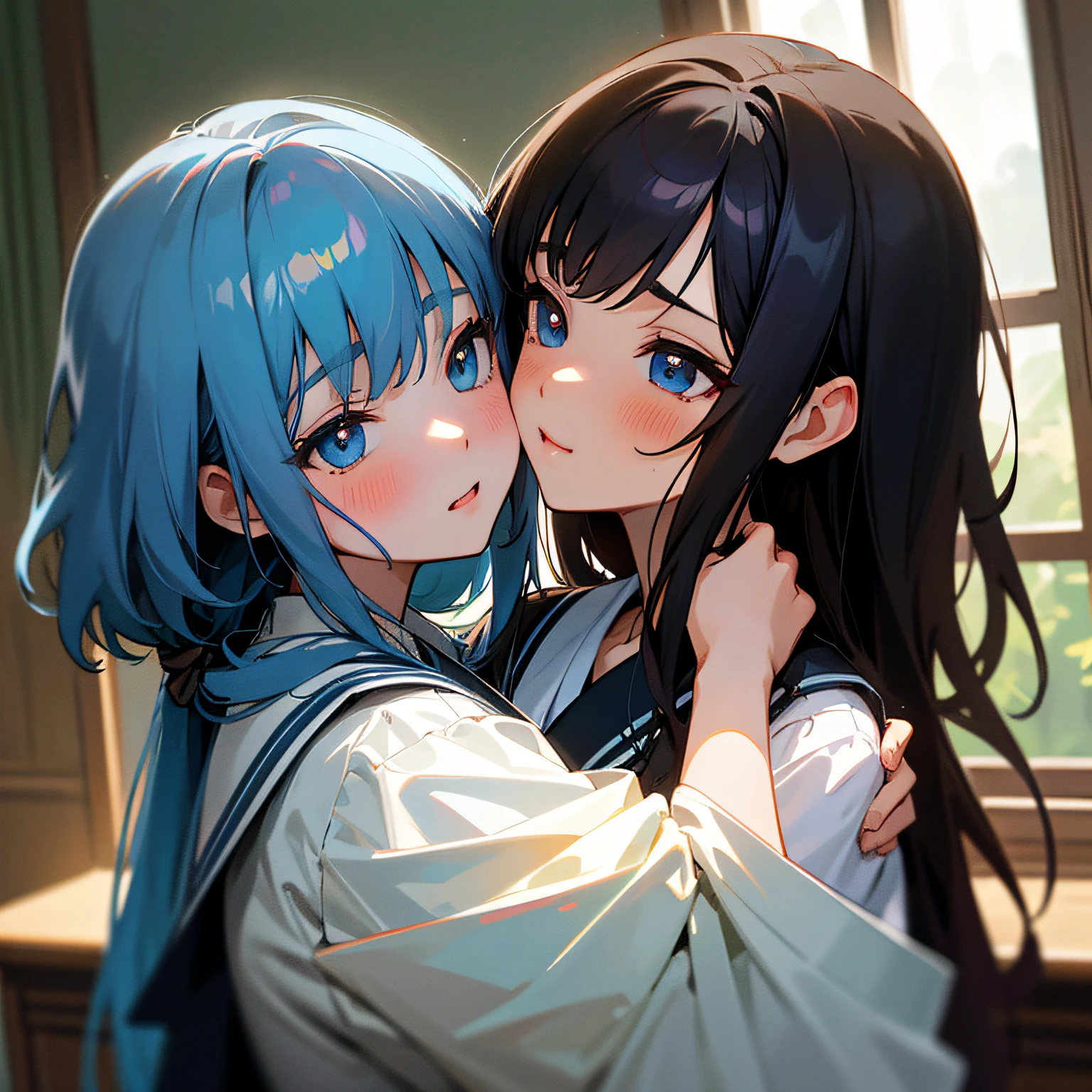 (​masterpiece、top-quality、hight resolution、Unity 8k、extremely details CG:1,Best Picture), ggdizzy, hair ribbon, Two women, locked in a tight embrace, with dark, hollow smiles. They are comforting each other in a dimly lit room, their expressions showing the pain of shared defeat. The atmosphere is somber and heavy, with a sense of mutual dependency. Both women have a defeated look, as if they are licking each other’s wounds in a bond formed by mutual failure, with no sexual undertones.